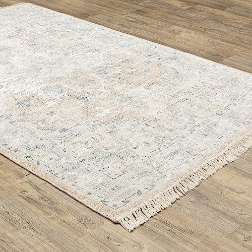 HomeRoots 10' X 13' Beige and Grey Oriental Hand Loomed Stain Resistant Area Rug with Fringe