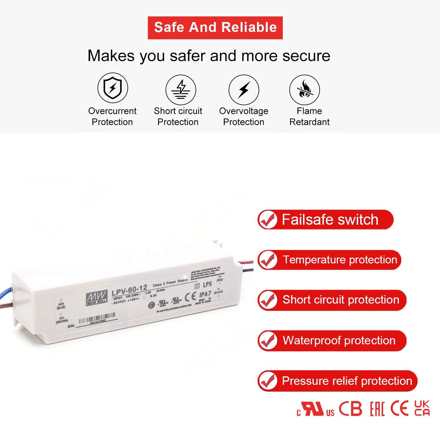 Generic Mean Well LPV-60-12 12V 5A IP67 Waterproof LED Driver - 60W Power Supply, Efficient and Stable Solution for Various LED Installations, Ensuring Consistent Performance (83% Efficiency)