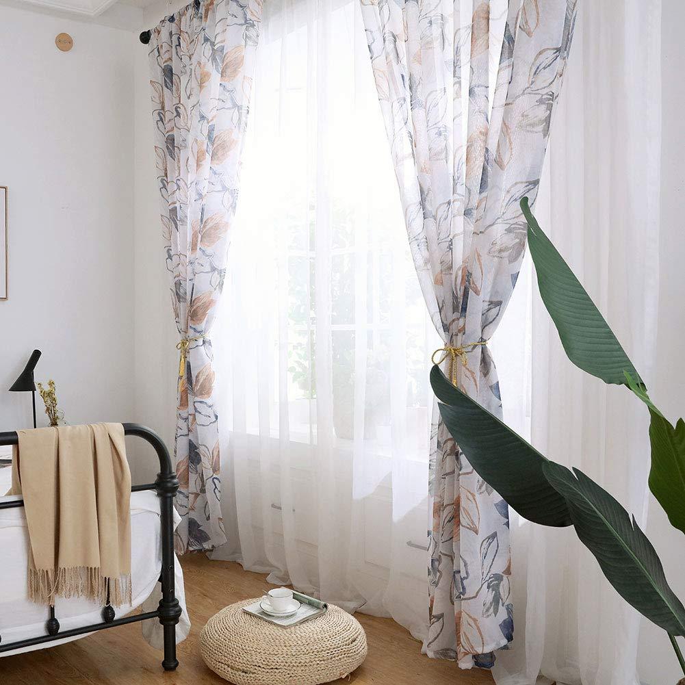 Enforose Enforose Sheer Curtains Printed, Leaf Pattern Polyester Window Drapes Sheer Floral Curtains Bedroom Living Room Decor(Brown)