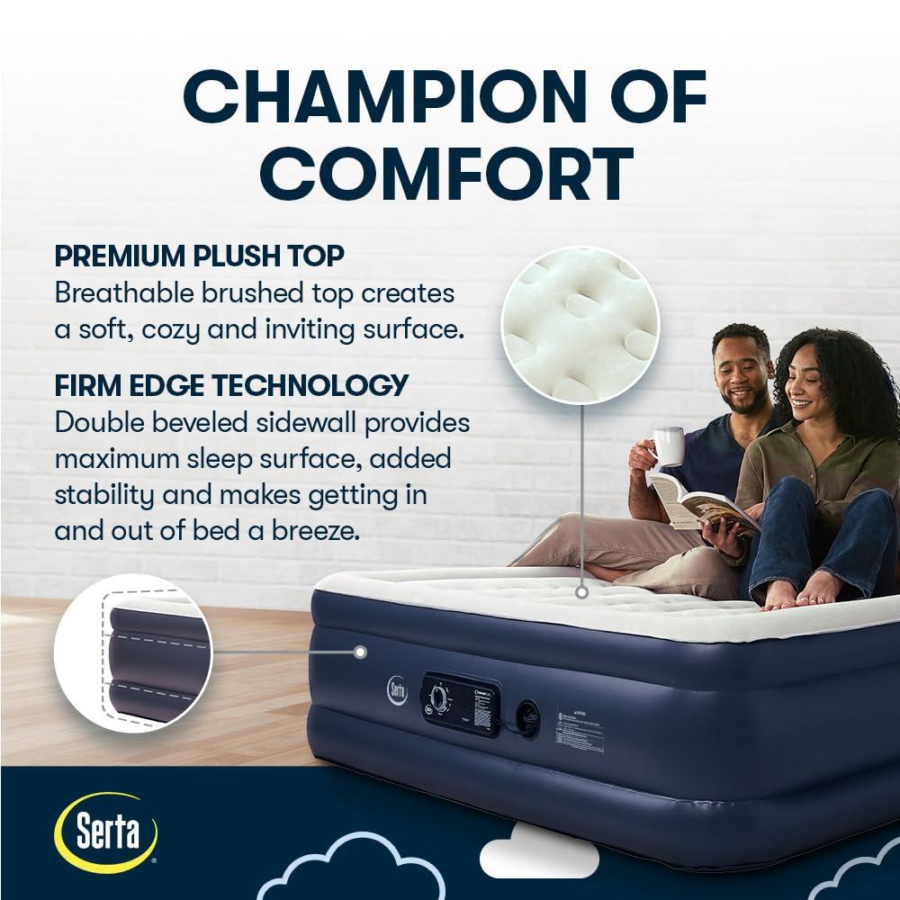 Serta Serta Raised Air Mattress with Never Flat Pump | Size: Queen 18\" | Luxury Inflatable Mattress with Built in Air Pump to Ensure a Good Nights Rest | Heavy Duty Blow Up Mattress with Self Inflating Pump