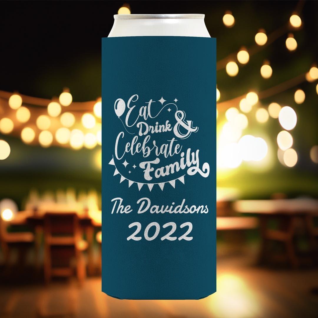 Personalized Gifts Custom Family Reunion Gifts Personalized Eat Drink Celebrate Family 6-Pack Personalized Ultra Slim Drink Sleeves Dark Teal