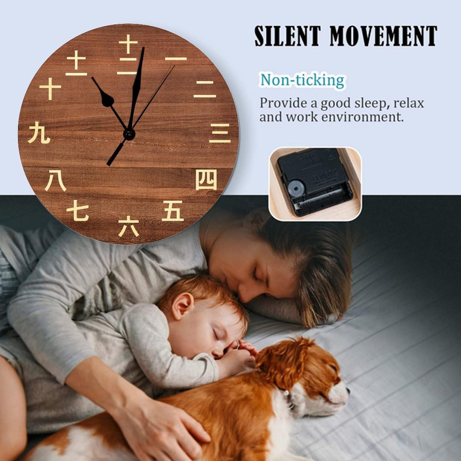 UanMere UanMere Vintage Kanji Numbers Wall Clock Numbers Chinese Calligraphy Wooden Clock Bedroom Quartz Wooden Round Wall Clocks Silent Wall Clock 12 inch Rustic Clock for Housewarming Gift School Wall