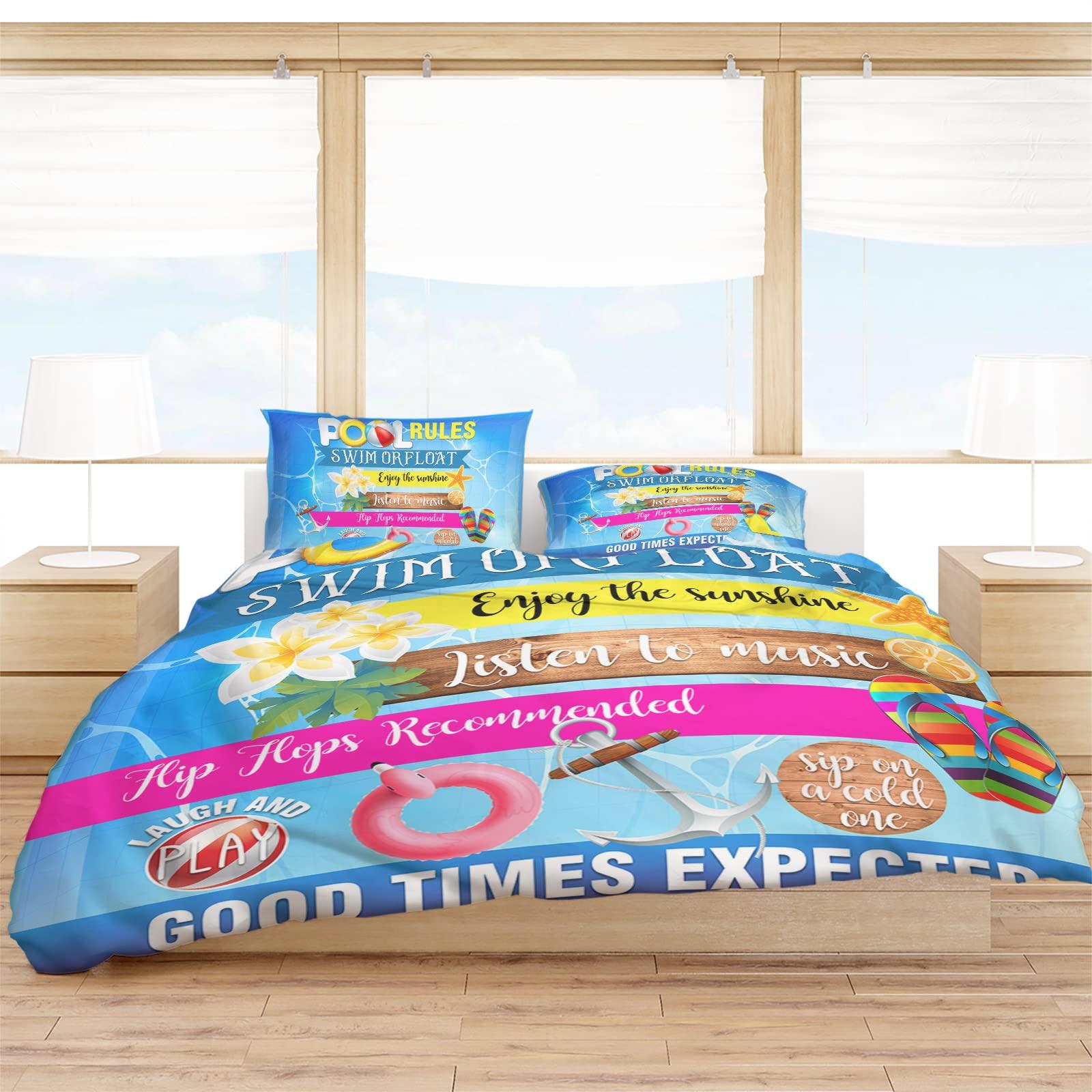 Gehucoxee Gehucoxee 4 Piece Bedding Set California King Summer Pool Rules Comforter Duvet Cover for Child Girls Boys, Good Times Expected Illustraction Bed Sheet for Bedroom Guest Room Hotel Pillowcase