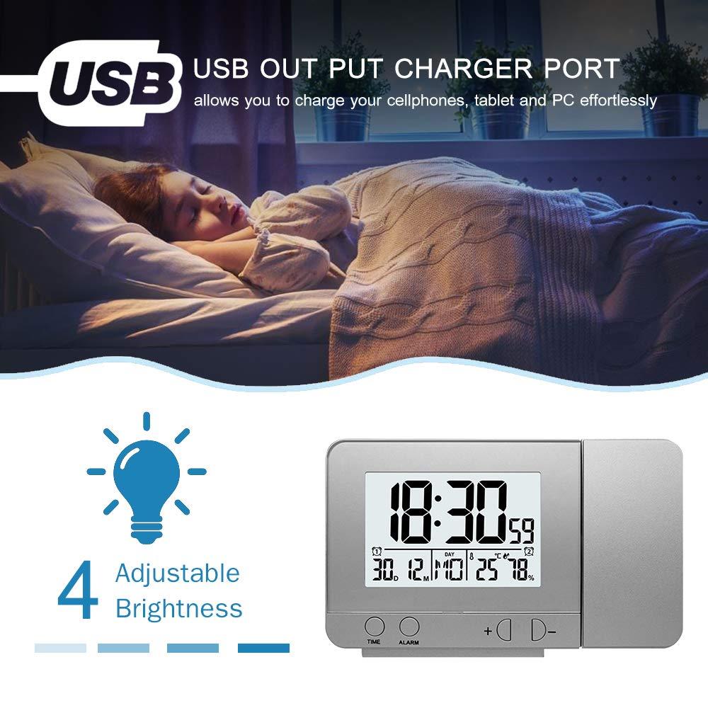 IUPPA IUPPA Projection Alarm Clock for Bedroom with Hygrometer Digital Project Ceiling Clock Dimmable LED Display with USB 180Rotable with Dual Alarms 12/24H Snooze