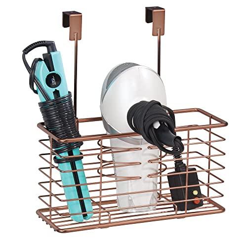 mDesign mDesign Steel Over Cabinet/Door Hair Dryer Holder Storage, Hair Styling Tool Organizer Basket for Bathroom - Hair Blow Dryer, Flat Iron, Curling Wand, Hair Straightener, Linelle Collection - Bronze