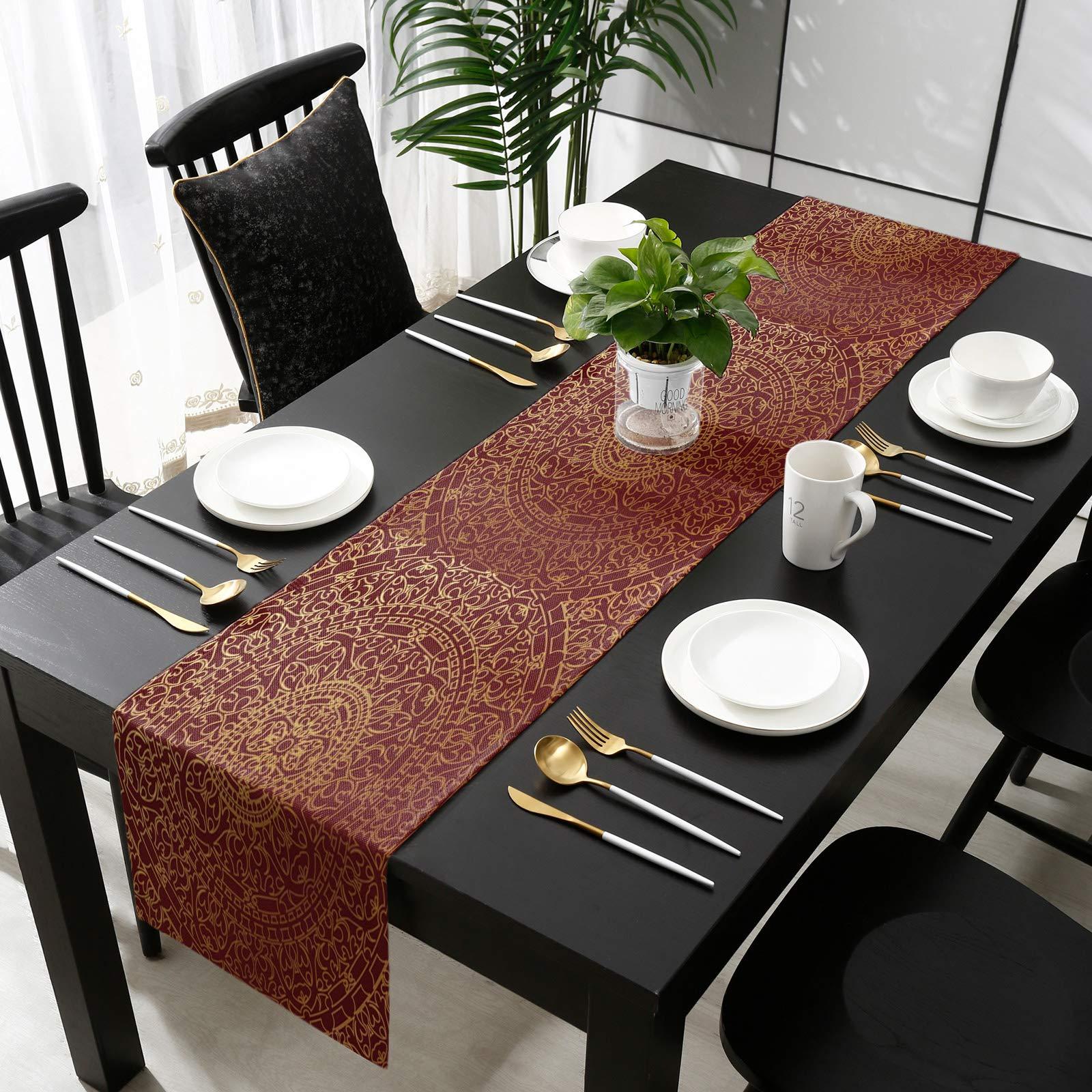 Ldtrchee Golden Simple Oriental Traditional Pattern Burlap Table Runner 72 Inches, Red Gradient Flower Cluster Bed Runner Dresser Scarves Tabletop for Indoor Outdoor Parties/Ceremony, 14\" x 72\"