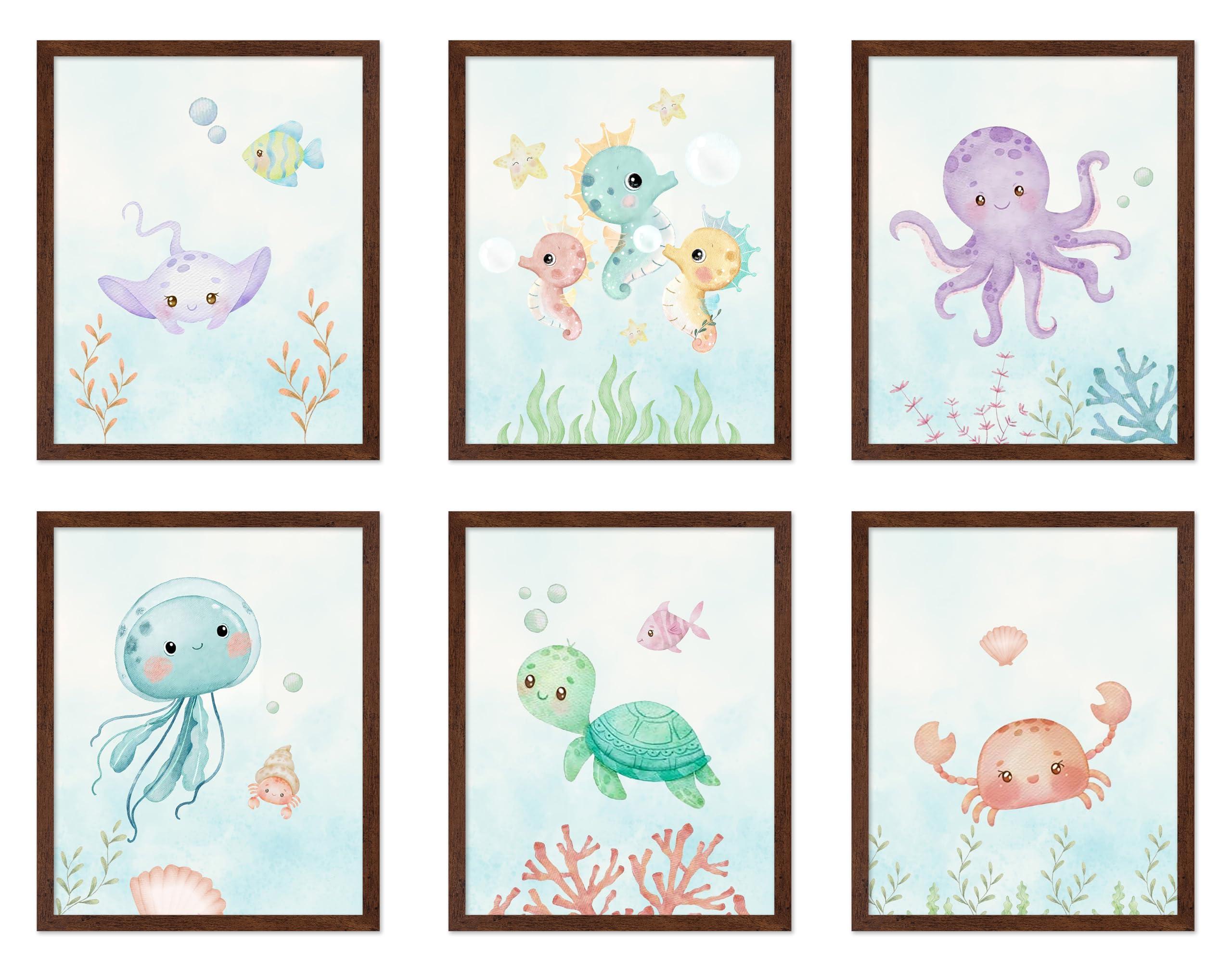 Poster Master Poster Master 6-Piece Sea Animals Poster - Aquatic Print - Pastel Color Art - Marine Life Art - Gift for Boys, Girls & Parents - Decor for Playroom, Kid\'s Room or Nursery, 8x10 Brown Framed