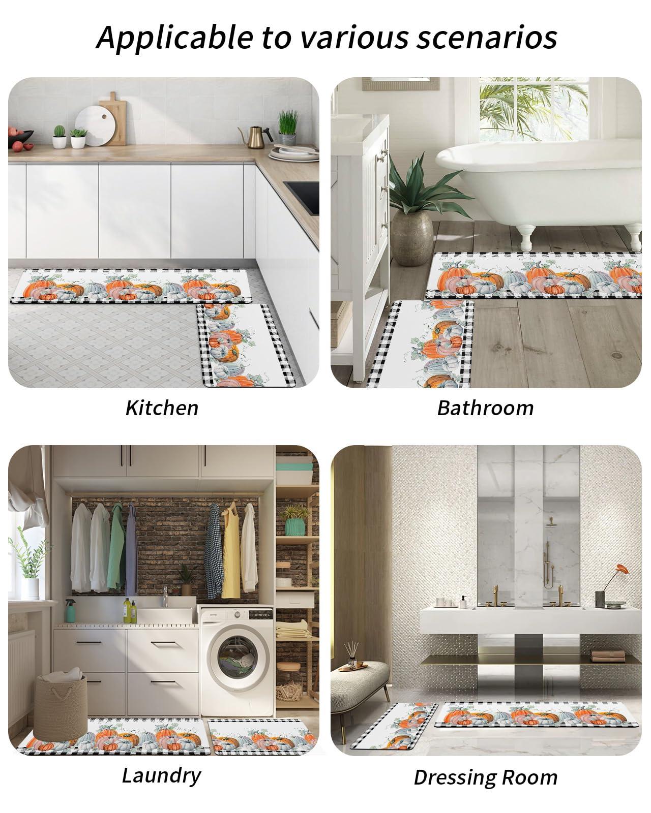 Jolunifun Thanksgiving Pumpkin Bath Mat for Tub,Non Slip Bathroom Floor Runner Rug Quick Dry & Absorbent Diatomaceous Earth Shower Sink Kitchen Washable Doormat,Fall Eucalyptus Buffalo Plaid Check 16x24+16x47