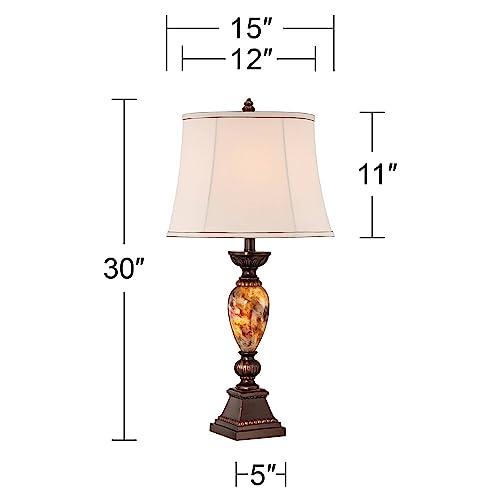 kathy ireland kathy ireland Mulholland Traditional Vintage Table Lamps 30\" Tall Set of 2 Aged Bronze Marbleized Golden Off White Fabric Oval Shade for Living Room Bedroom House Nightstand Office Entryway