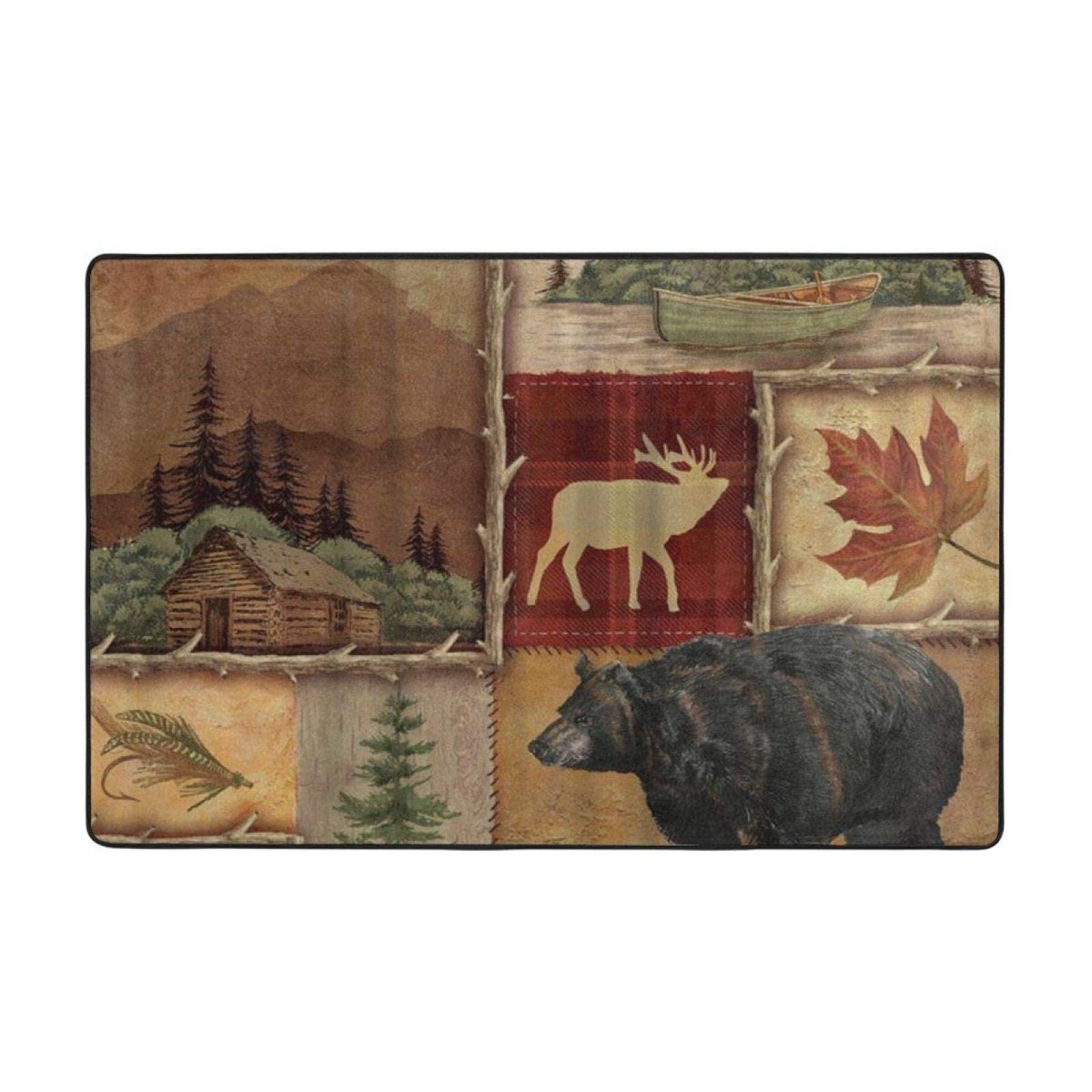 Meuaino Rustic Lodge Bear Moose Area Rug, Retro Rustic Lodge Wildlife Decorative Rug, Easy Clean Carpet with Anti-Slip Backing for Bedroom Living Room Dining Room Office 4ftx6ft