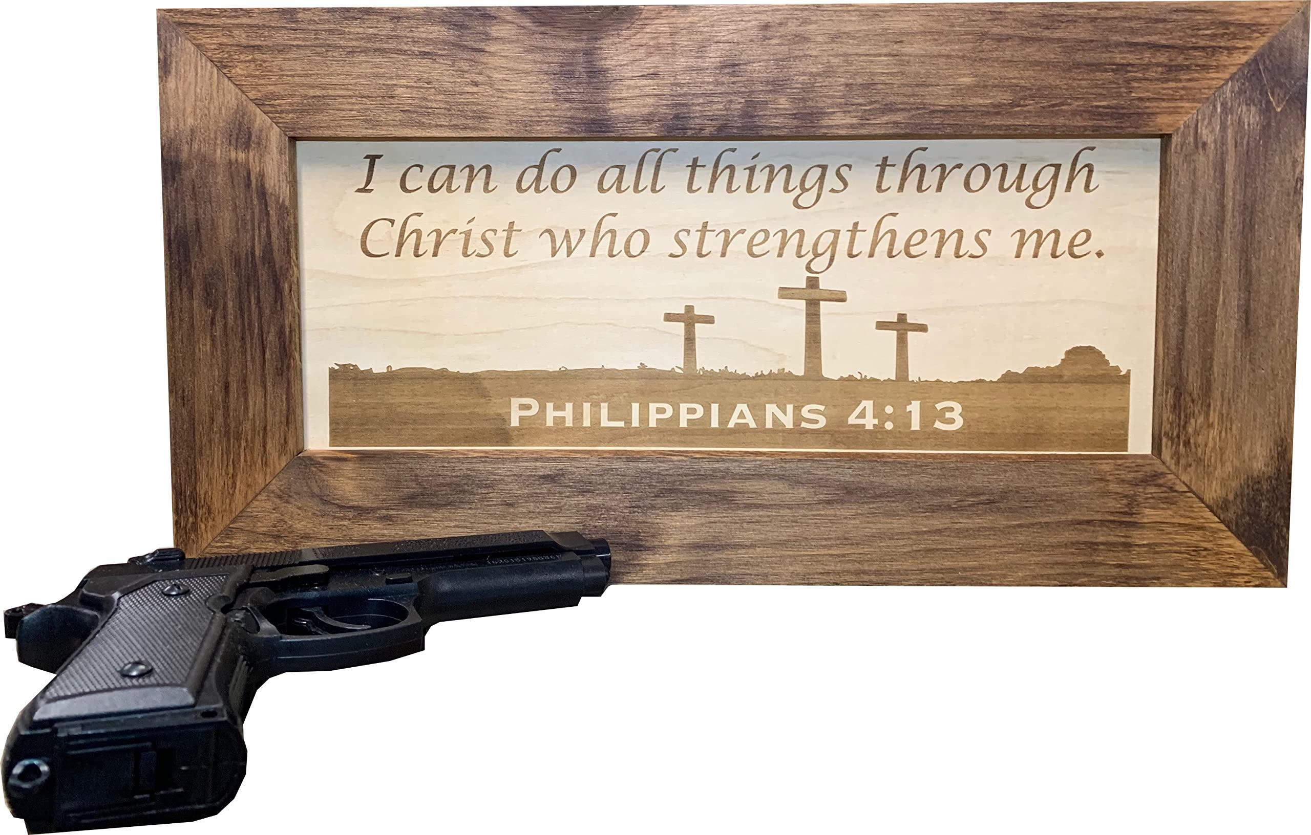 Bellewood Designs Hidden Gun Storage with Personalized Bible Verse, Six Concealment Cabinet Styles Available (Three Crosses on Calvary)