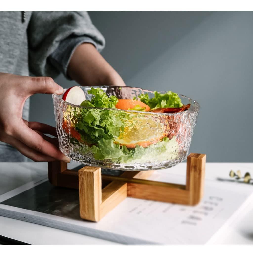 VIORED Creative Salad Bowl Salad Bowl Glass Transparent Hammer Pattern Home Vegetable Fruit Dessert Bowl Crystal Salad Bowl with Wooden Stand Dessert Snack Serving Bowls (Color : B2pc)