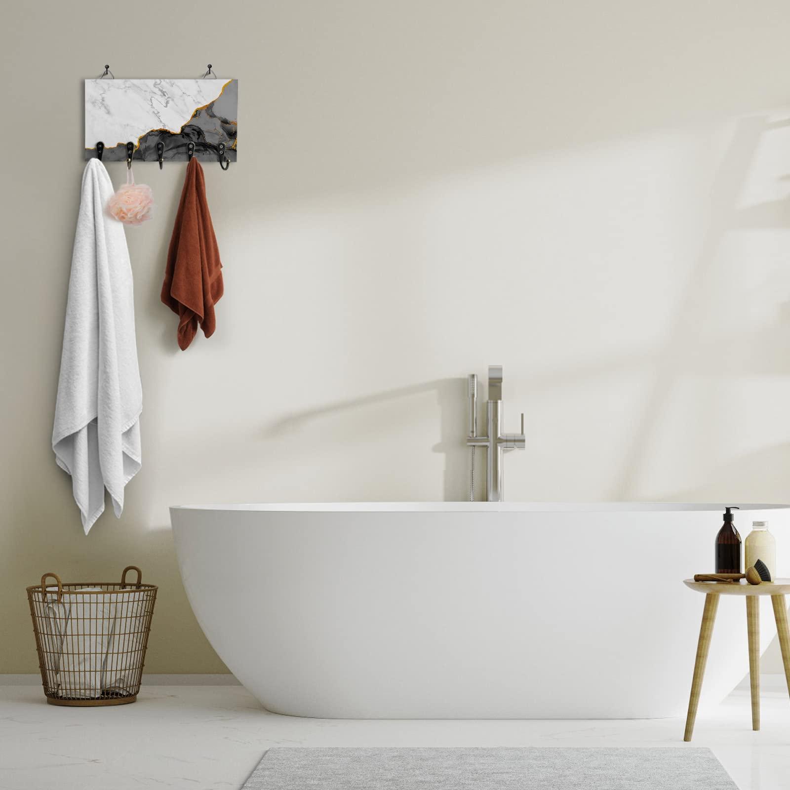 FortuneHouse8 Key Holder for Wall Black Grey Marble Decorative Key Hanger for Wall White Modern Abstract Art Luxurious Wall Mounted Key Racks with 5 Key Hooks Wood Key Holder for Entryway Hallway Doorway Office