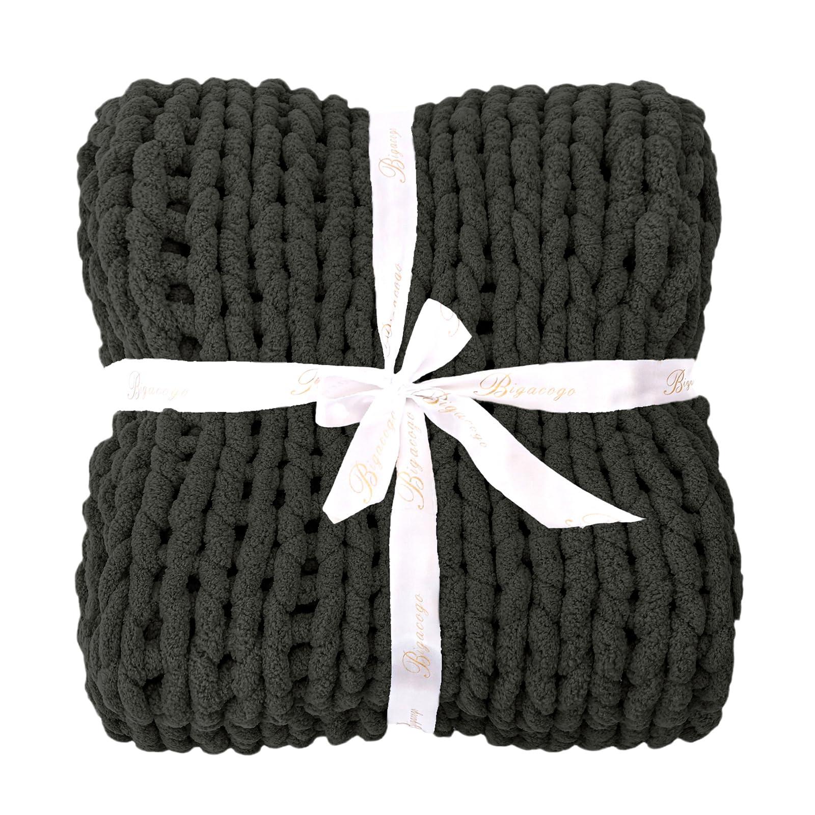 Bigacogo Bigacogo Chunky Knit Throw Blanket for Couch, 40x40 inches, 100% Hand Knitted with Thick Jumbo Chenille Yarn, Cozy Soft Large Rope Knot Cable Crochet Blankets for Sofa Bed Living Room, Dark Grey
