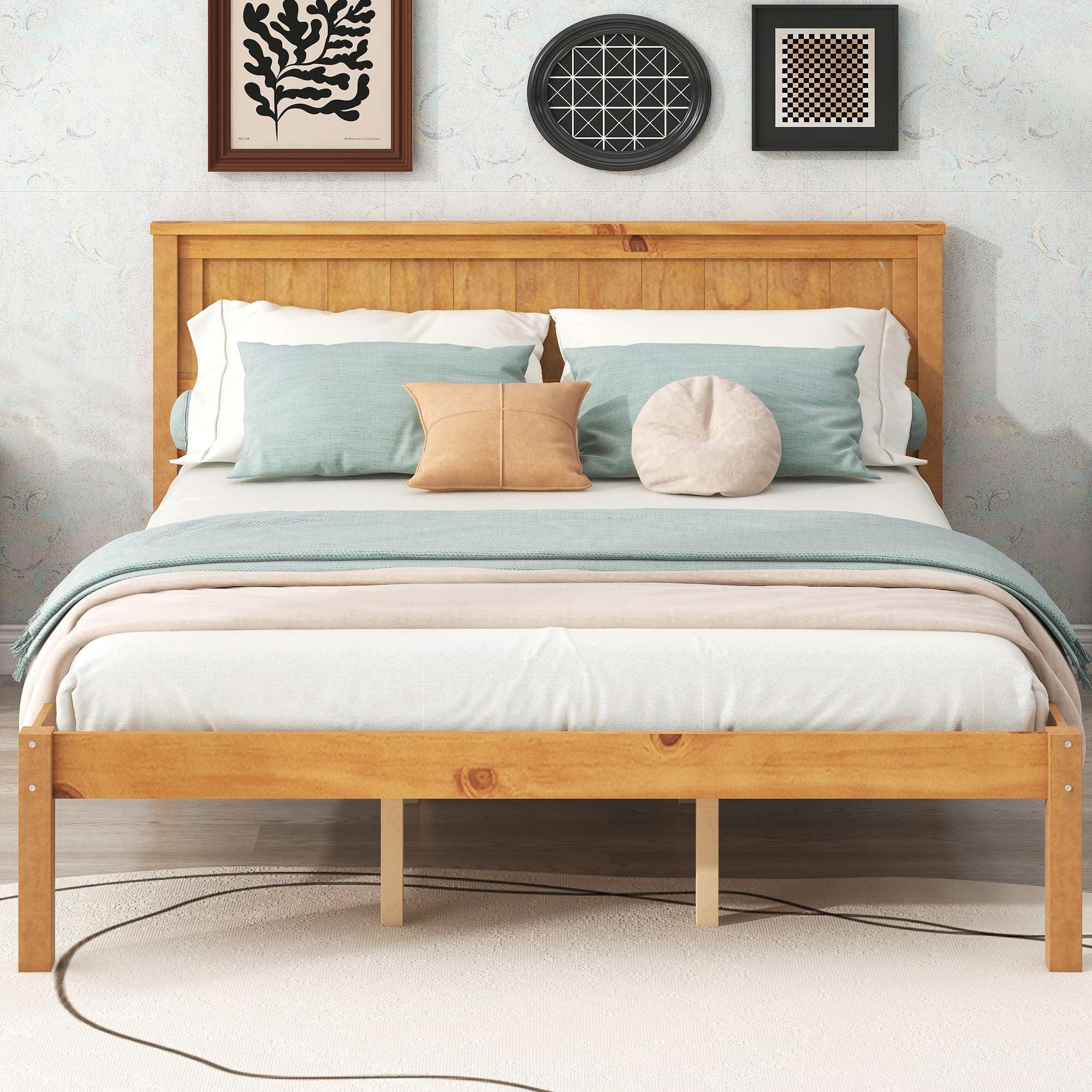 bedframe Modern Oak Queen Platform Bed Frame with Headboard, Wood Slat Support - No Box Spring Needed for Sleek and Sturdy Bedroom Furniture