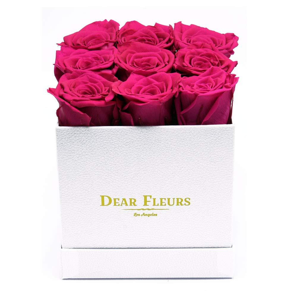 Dear Fleurs Los Angeles Dear Fleurs Los Angeles Nona Roses | Real Roses That Last a Year | Preserved Flowers in a Box (Hot Pink, White Leather Finished Box)
