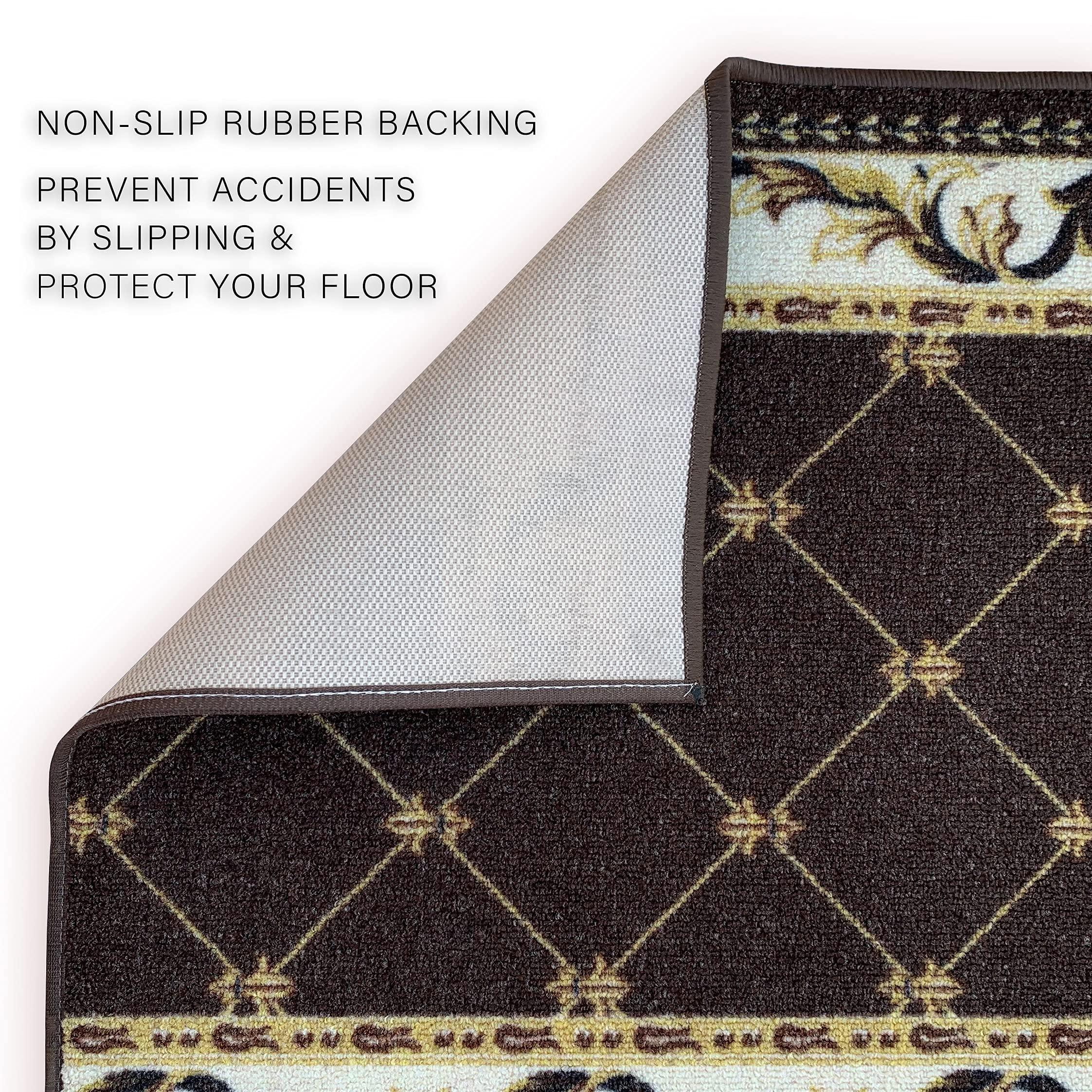 CreativeDeco Custom Made Runner Rug Low Pile With Rubber Backing For Kitchen Foyer Hallway Entry Choose Your Length Size 31 Inch Wide French Scroll Fleur De Lis Design Brown White Color (29 feet x 31 Inch)