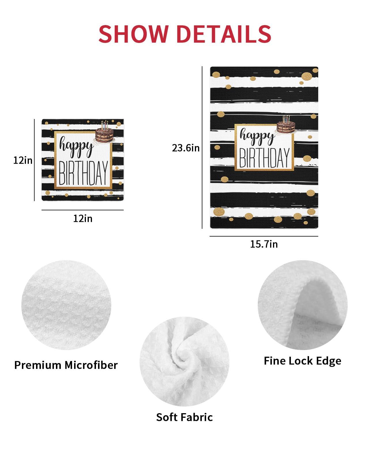 Kontanderi Happy Birthday Dish Towels Waffle Kitchen Towels Set, Absorbent Quick Drying Towel Cleaning Cake Black and White Striped Dots Hand Towels for Bathroom 4 Pack Dish Cloths 15.7\"x23.6\"