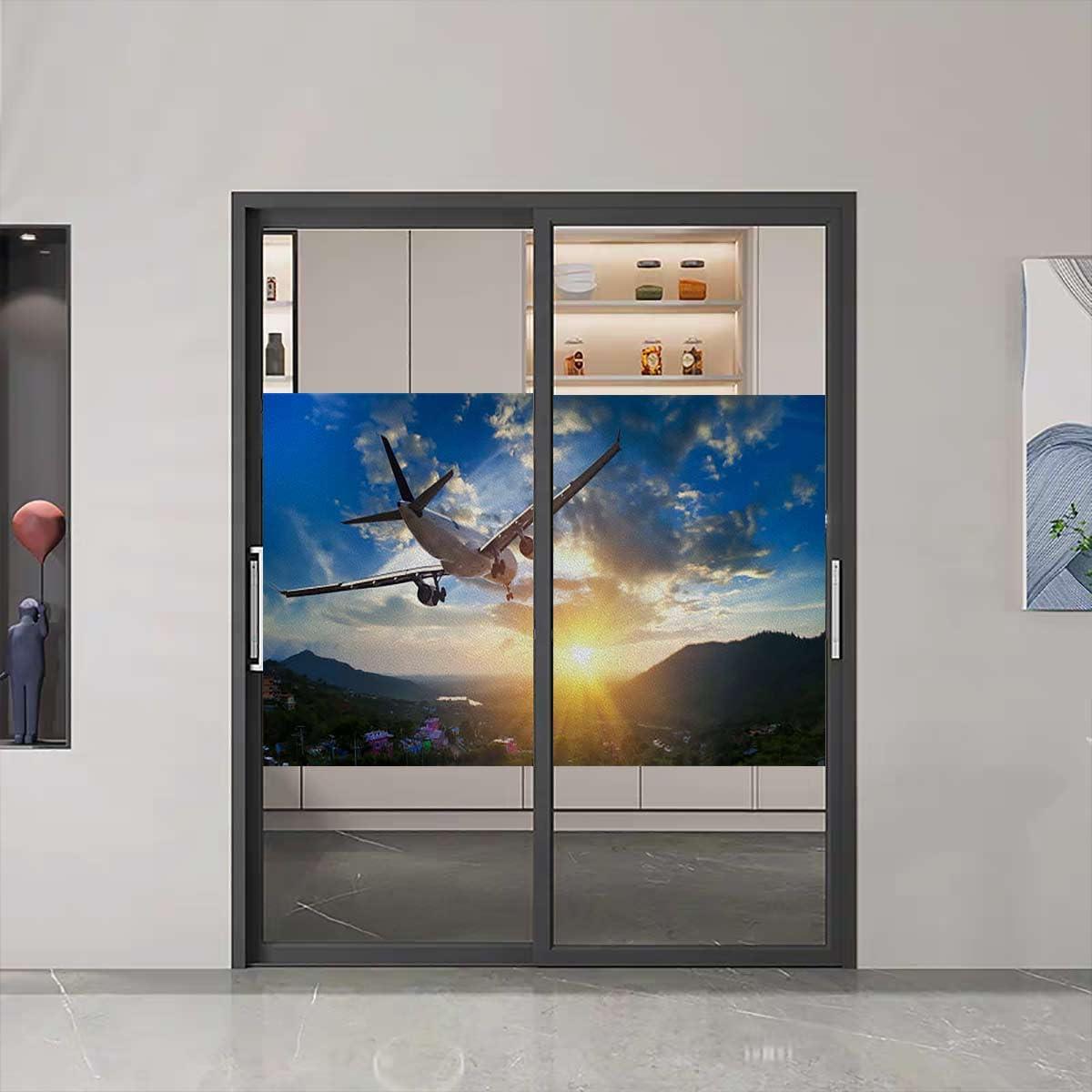 MizuH MizuH Window Stickers Insulated Vinyl Window Film Travel Privacy Window Film Stained Glass Sliding Door Sticker Plane on Air Night Scene Over City Image 17.7 W x 23.6 L lnch Orange Blue