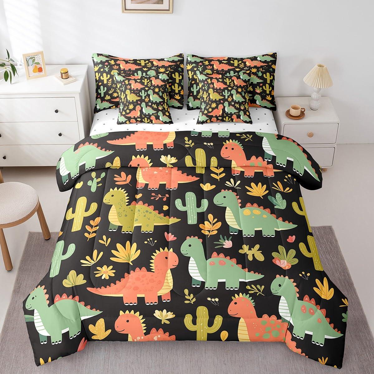 Feelyou Feelyou Kids Boys Dinosaur Comforter Set with Sheets Cute Dinosaur 7 Piece Bedding Set King Size for Kids Boys Girls Lovely Dinosaur Printed Bed in a Bag Green Dinosaur Bed Set