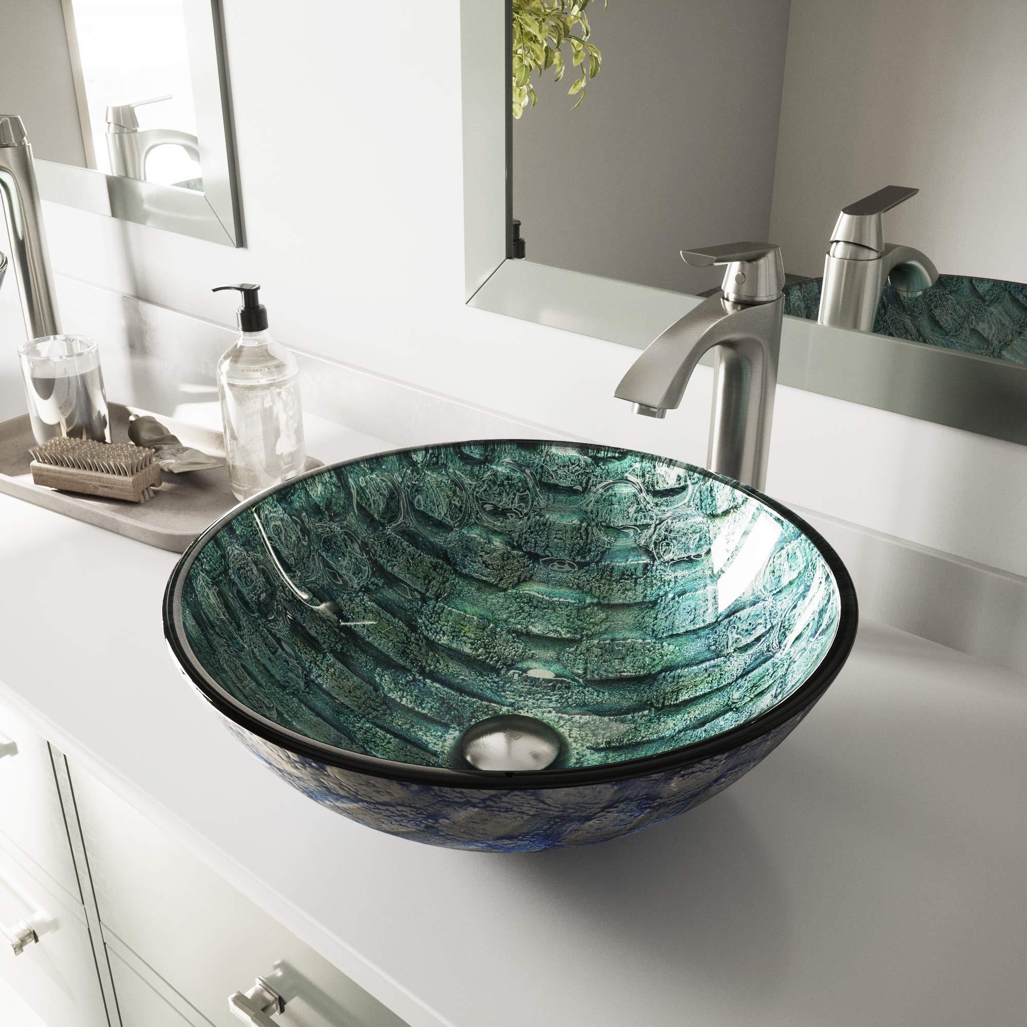 VIGO VIGO Giovanni 17\"L x 17\"W x 6\"H Over the Counter Glass Round Vessel Bathroom Sink in Oceania Blue -VG07049