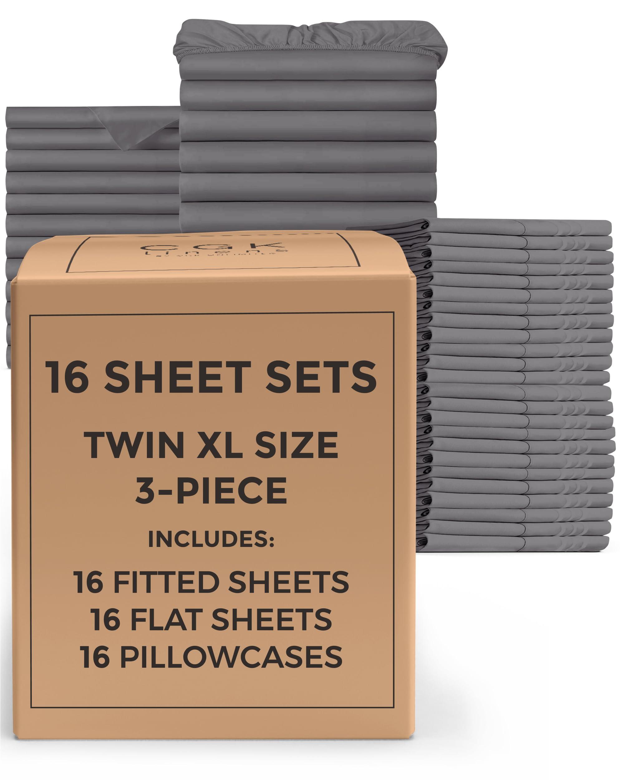 CGK Unlimited Bulk Case Pack of 16 Complete Sheet Sets - Twin XL Bed Sheet Sets - Wholesale Sheets for Hotels & Airbnbs - Exceptional Value - Dark Grey