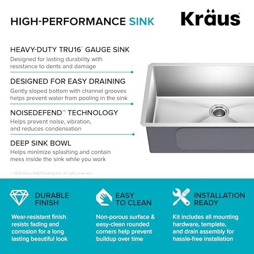 Kraus Kraus KHU100-32 Standart PRO 16 Gauge Undermount Single Bowl Stainless Steel Kitchen Sink, 32 Inch