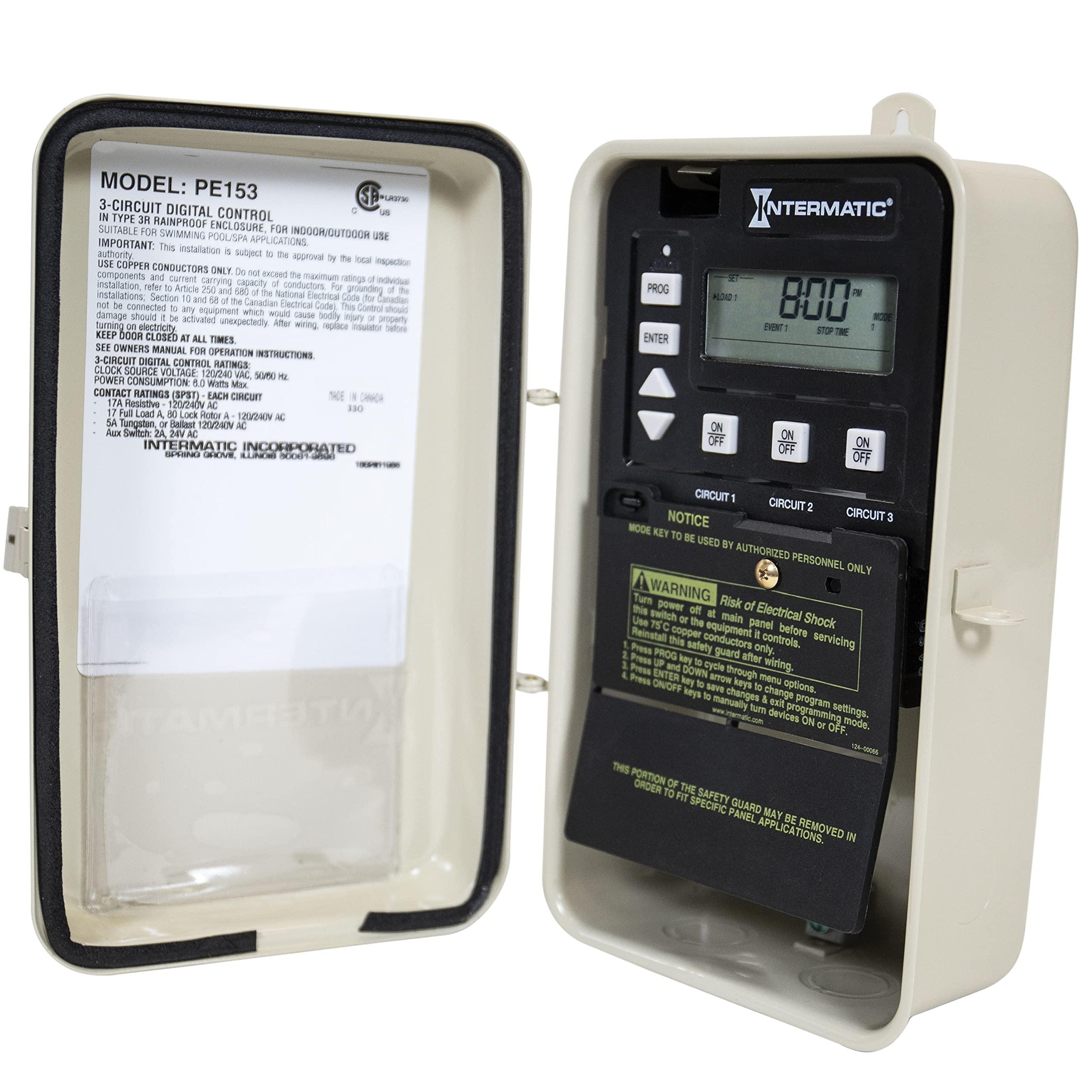 Intermatic Intermatic PE153 24-Hour Electronic Time Control - Multi-Circuit Pool and Spa Timer with Countdown, Override, and Versatile Programming - Freeze and Heater Protection, LCD Readout