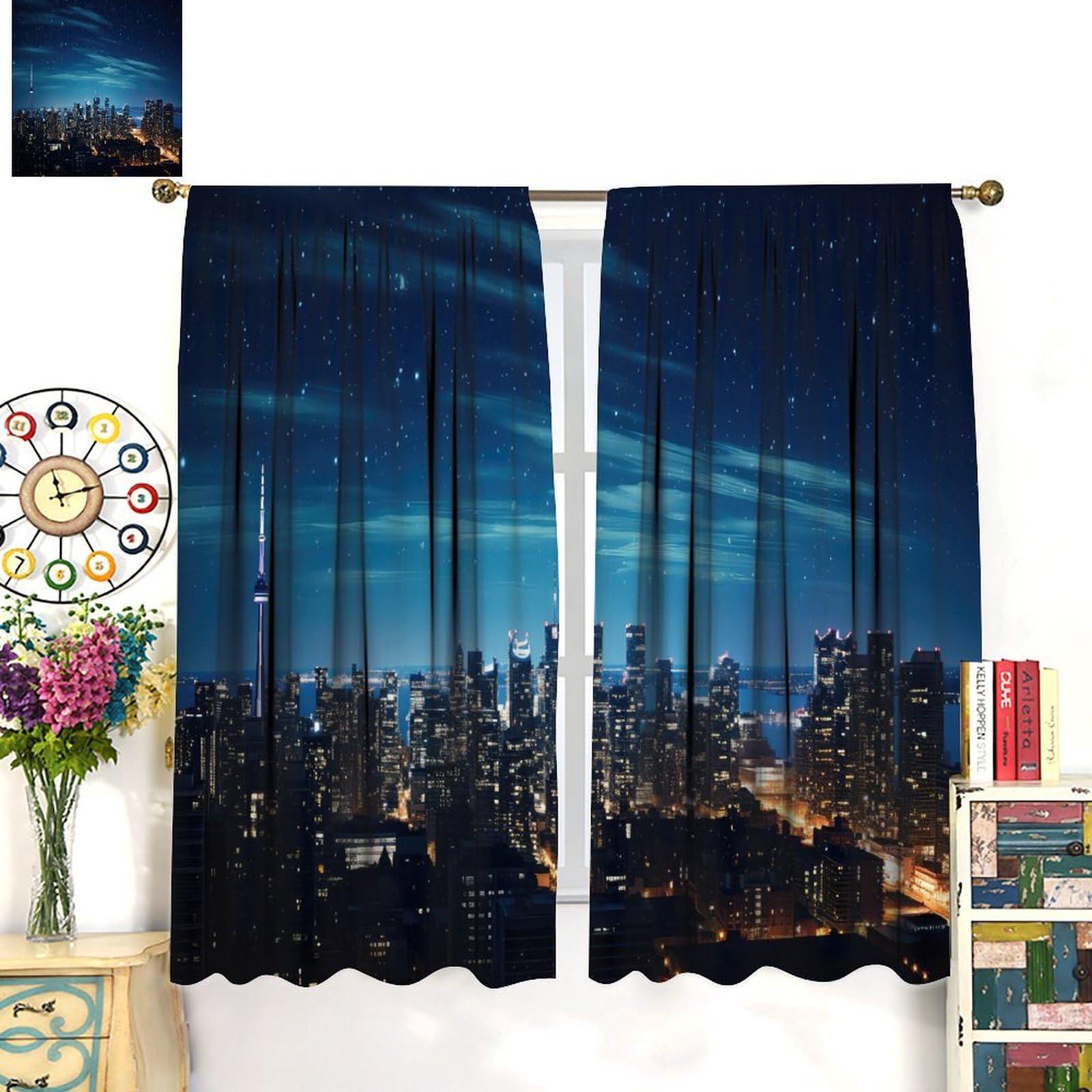 BATPLY Modern City Landscape Curtains, Dreamy Glitter Aurora Starry Sky Decor Night Riverside Urban Skyscraper Scenery Drapes, Blackout Rod Pocket Window Treatments for Living Room Bedroom Bathroom 63x72in
