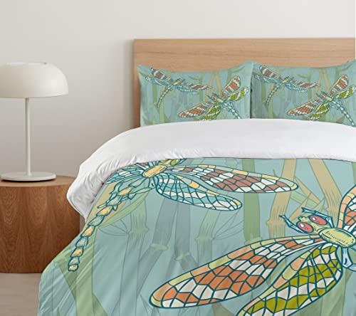 Ambesonne Ambesonne Dragonfly Duvet Cover Set, Doodle Style Giant Dragonfly on Lake Bushes Nature Exotic Picture Art, Decorative 3 Piece Bedding Set with 2 Pillow Shams, King Size, Almond Green
