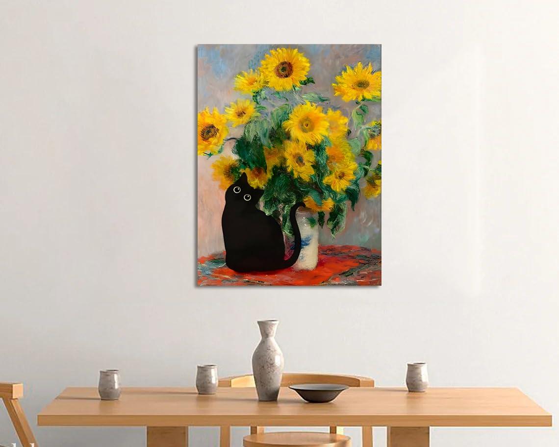 FOSULA Monet Cat Wall Art - Claude Monet Cat Wall Art Prints - Cat Monet Art - Monet Sunflowers Cat Canvas Print - Claude Monet Cat Poster - Monet Sunflowers Cat Wall Decor - Framed Ready to Hang