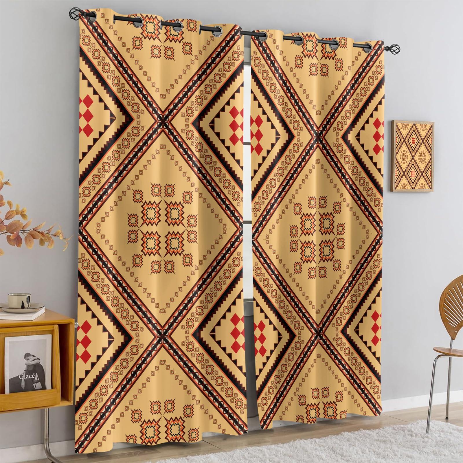JAXIUOF JAXIUOF Geometric Retro Pattern Blackout Curtains for Bedroom, Ethnic Traditional Design Texture Window Drapes, Grommet Thermal Insulated Curtain, for Office Kitchen Living Room (31.5" W x 63" L) x 2