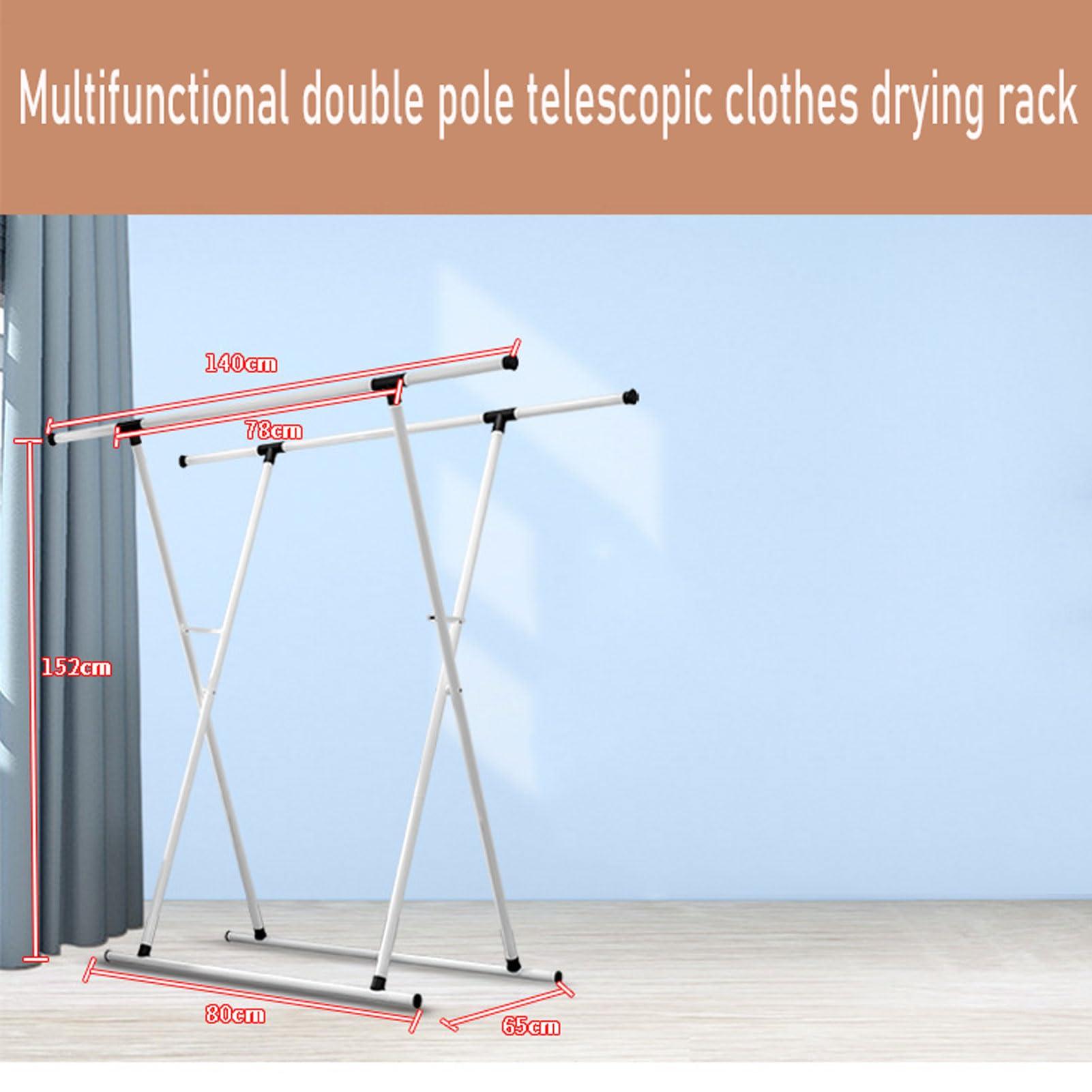 RUANLOV RUANLOV Clothes Drying Rack, Telescopic Clothes Drying Pole, Floor-Standing Removable Indoor Double-Pole Clothes Hanger, Stainless Steel Heavy Duty Clothes Hanger (78)