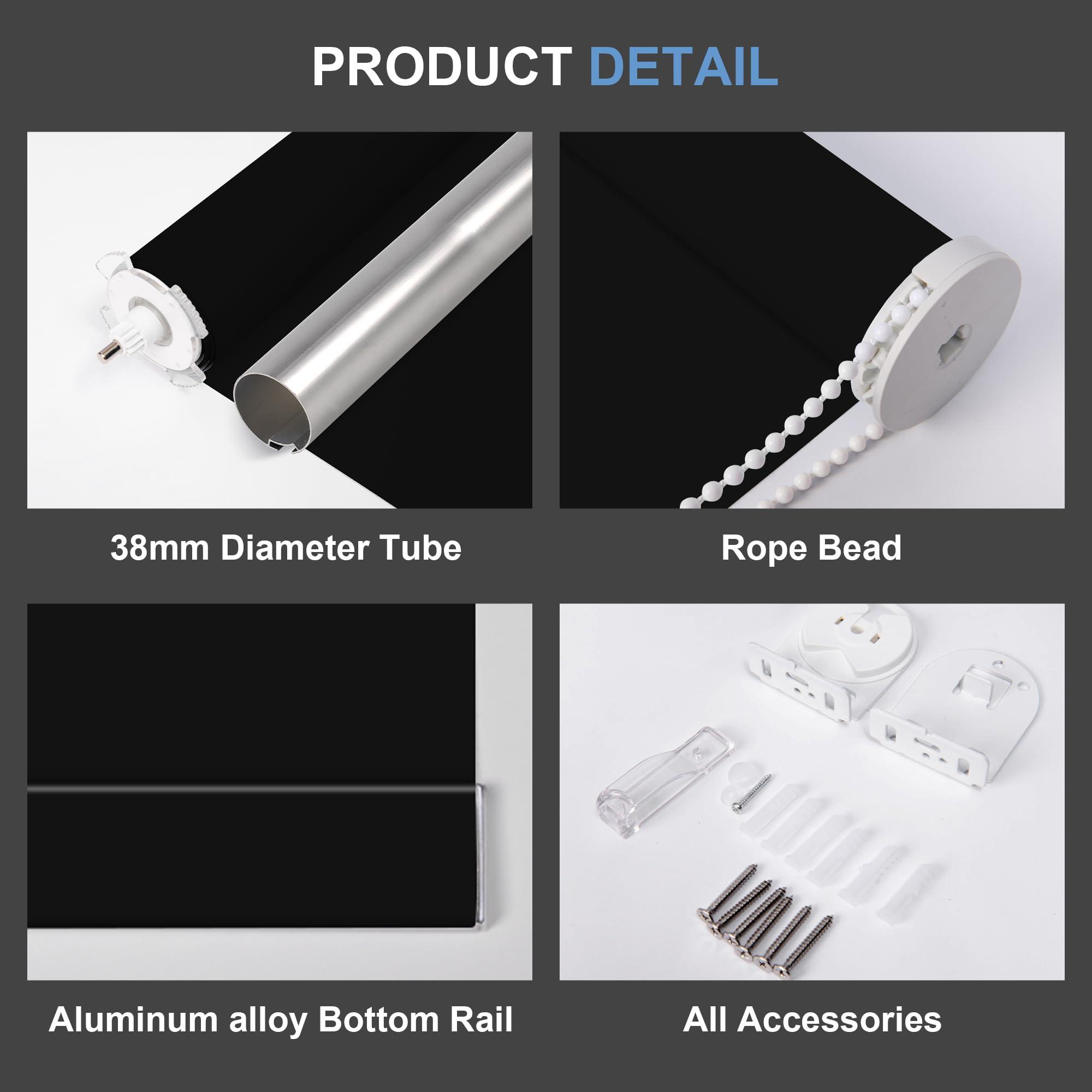 Boolegon Boolegon Blackout Roller Shades for Window, Custom Roller Blinds UV Protection Thermal Insulated Pull Down Room Darkening Shades for Home Office Bedroom Kitchen, Easy Install, Black,76" W x 36" H