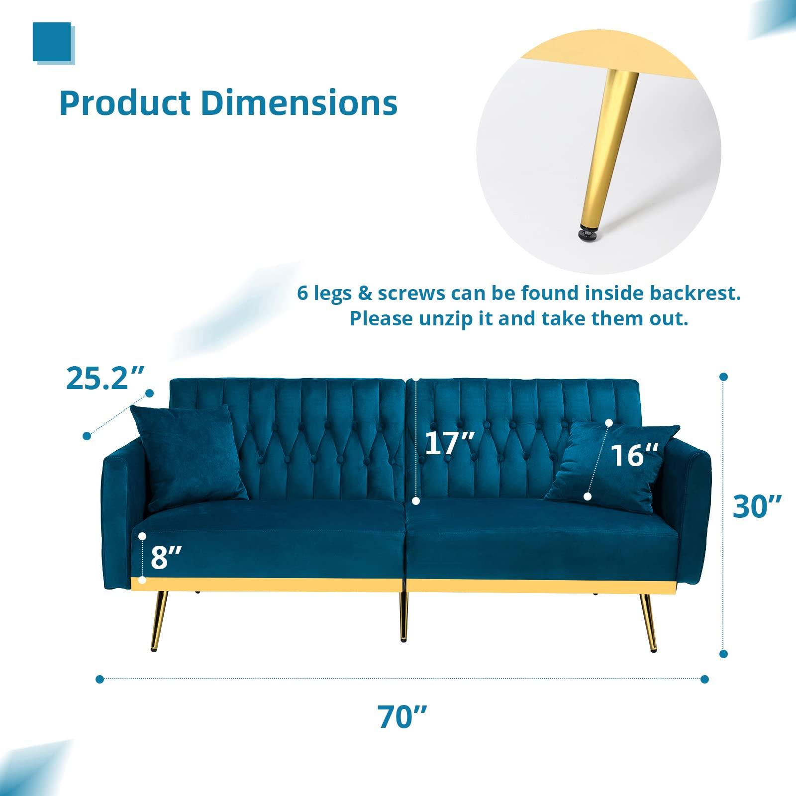 ACMEASE ACMEASE 2 Pieces Velvet Sofa Set with Adjustable Armrest and Backrest, 70 Convertible Futon Sofa Bed & Mordern Accent Chair with Ottoman for Living room, Bedroom, Teal