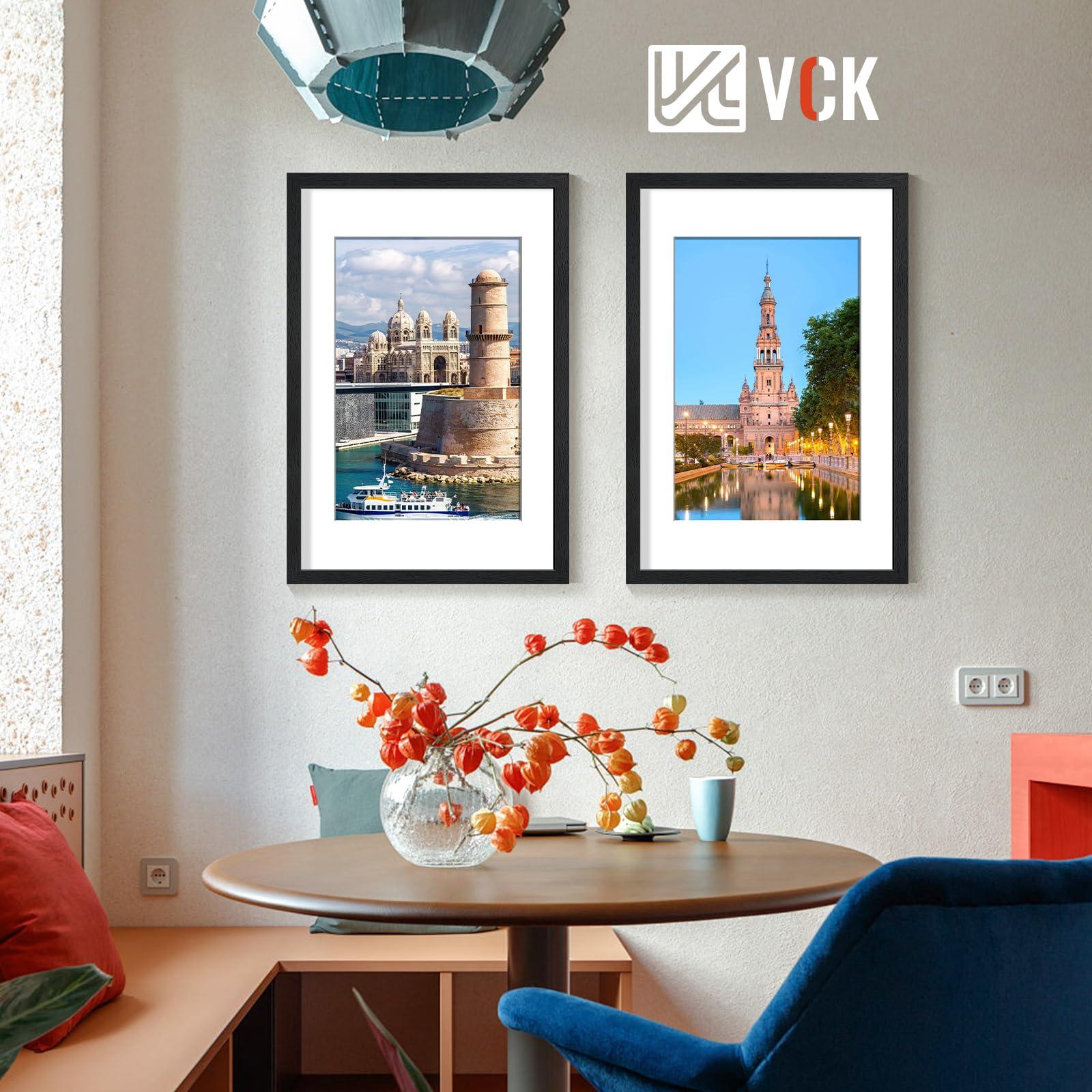 VCK VCK 16x24 Poster Frame Black 2 Pack - with Mat 12x18, Textured Exclusive Solid Wood Picture Frame, Wall Mounting Hanging