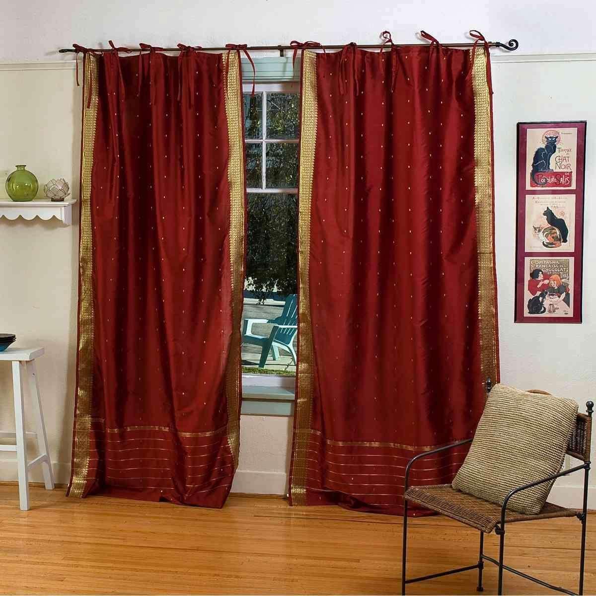 Indian Selections Handcrafted Rust Indian Sari Curtains, Tiebacks Included Unlined Tie Top Sari Sheer Curtains, 80\"W x 84\"L, Beauty & Elegance for Living Rooms, Bedrooms, and Dining Rooms, Sold in Pairs