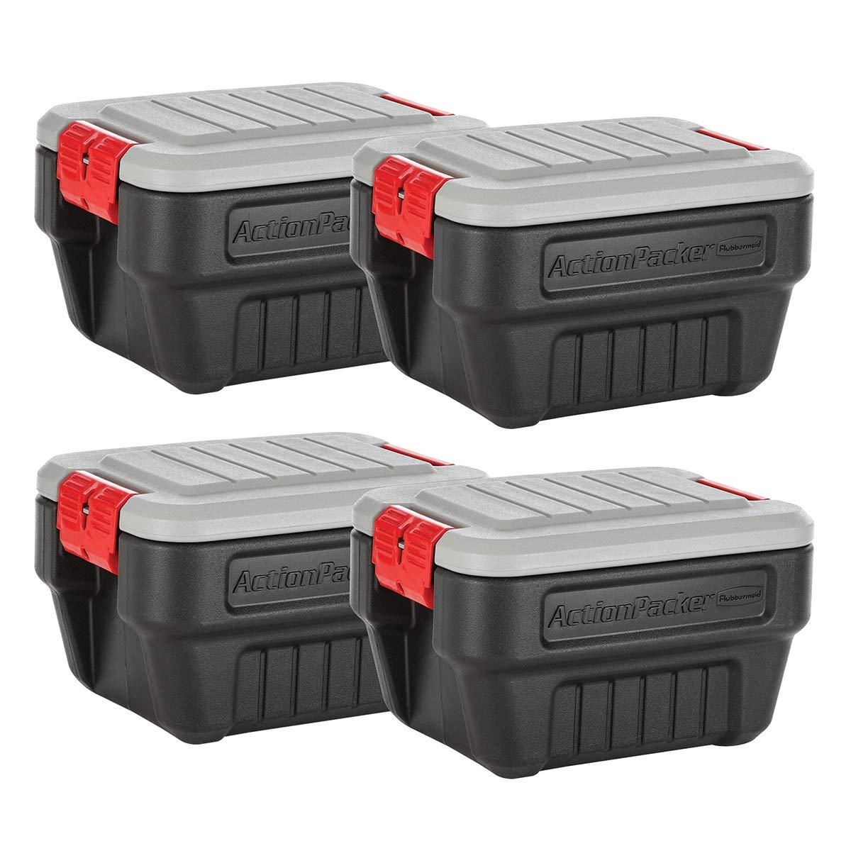 Rubbermaid Rubbermaid ActionPacker 8 Gal Lockable Storage Box Pack of 4, Outdoor, Industrial, Rugged, Grey and Black