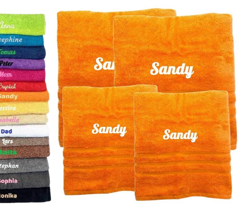 Pet-Jos Generic 4 pieces Personalised Bath Towel and Hand Towel with Name Beautifully Embroidered Name Custom Towel 4 Pack Cotton Towel Set Personalized Gift (Orange)