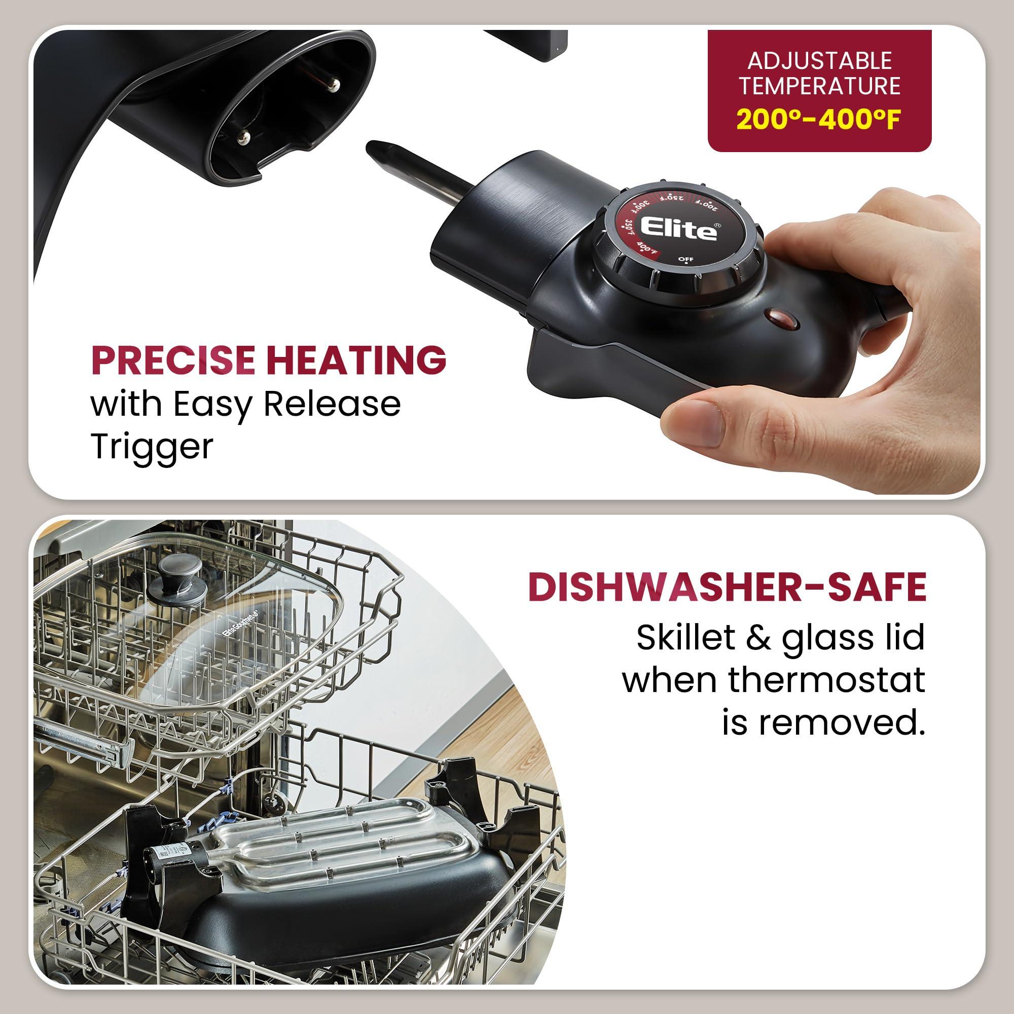 Elite Gourmet Elite Gourmet EG6203 Extra Deep 16"x13"x3.2" (10.5Qt.) Scratch Resistant, Easy Pour Spout, Dishwasher Safe, Non-stick Electric Skillet with Vented Glass Lid, Adjustable Temperature, Black