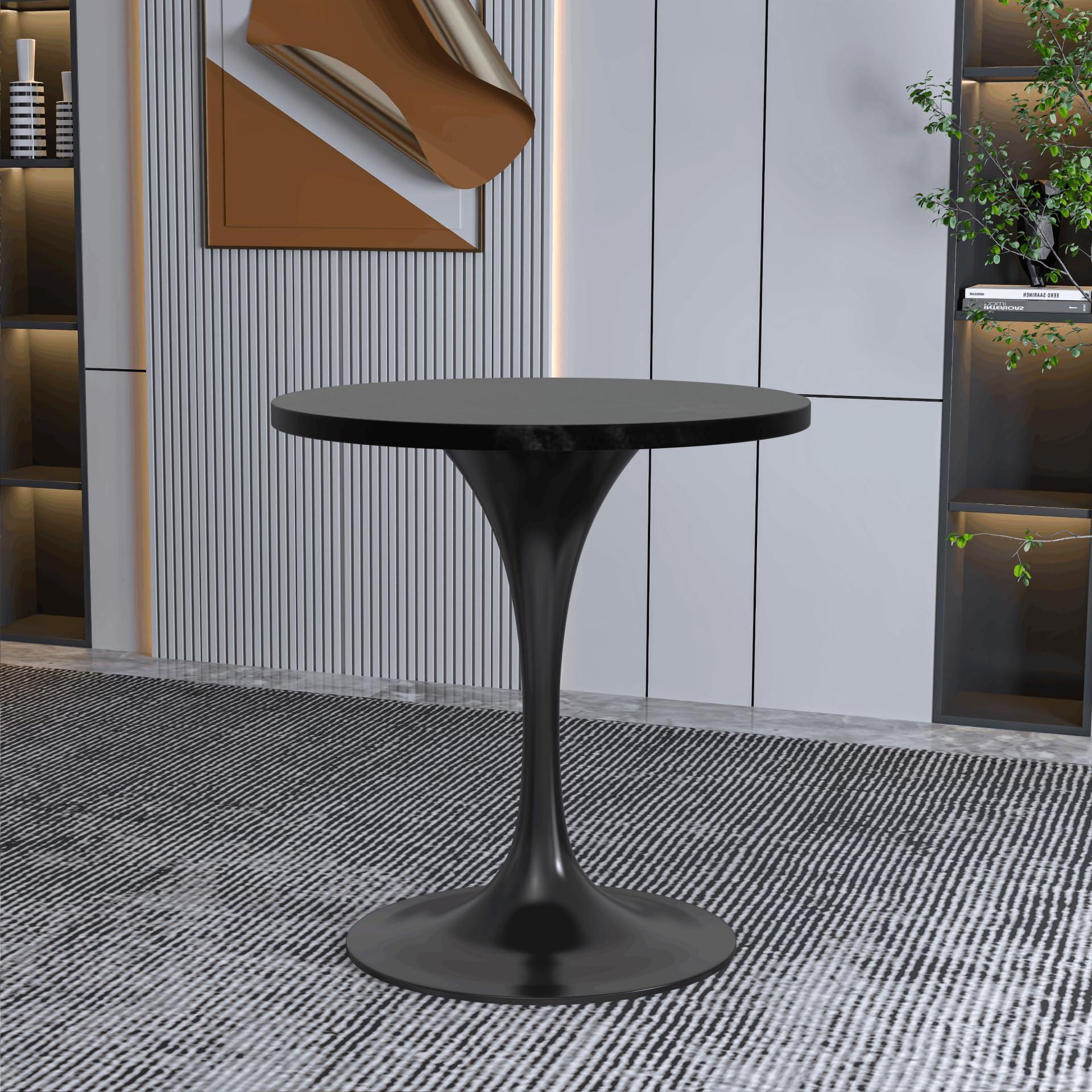 LeisureMod LeisureMod Verve Mid-Century Modern Dining Table with a 27\" Round MDF Tabletop and White Steel Pedestal Base for Kitchen and Dining Room (Black)