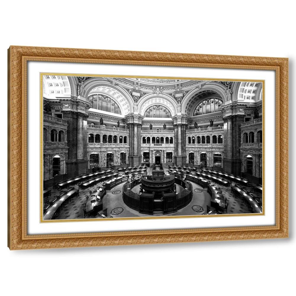 ArtDirect ArtDirect Main Reading Room. View from above showing researcher desks. Library of Congress Thomas Jefferson Bu II 24x17 Gold Ornate Wood Framed Double Matting Museum Art Print by Highmith, Carol