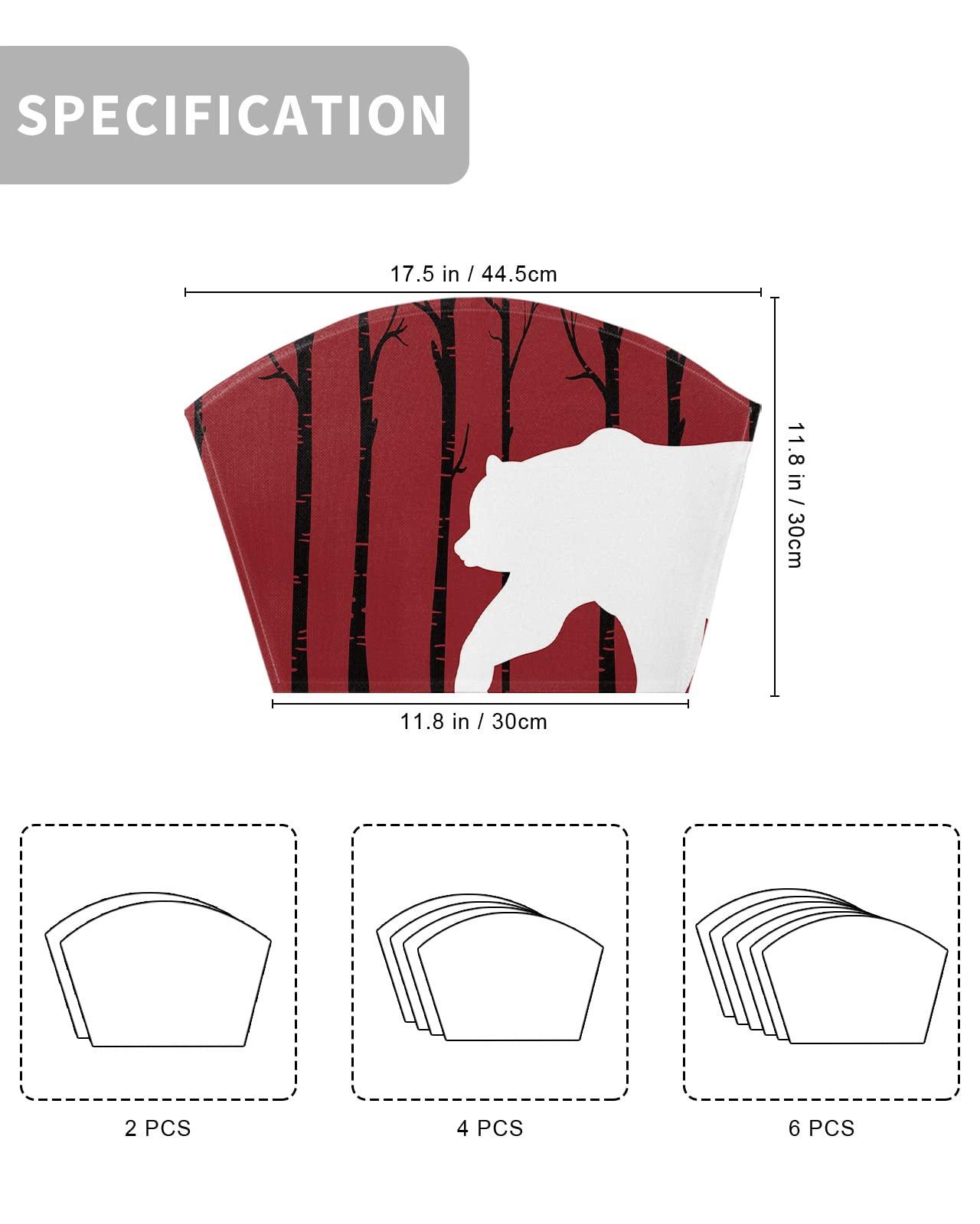 Daleng Christmas Round Table Placemats Set of 6 Christmas Silhouette of Bear Wedge Shaped Placemats Non-Slip Heat Insulation Table Mats Durable Wipeable Placemats for Round Tables Party Decor
