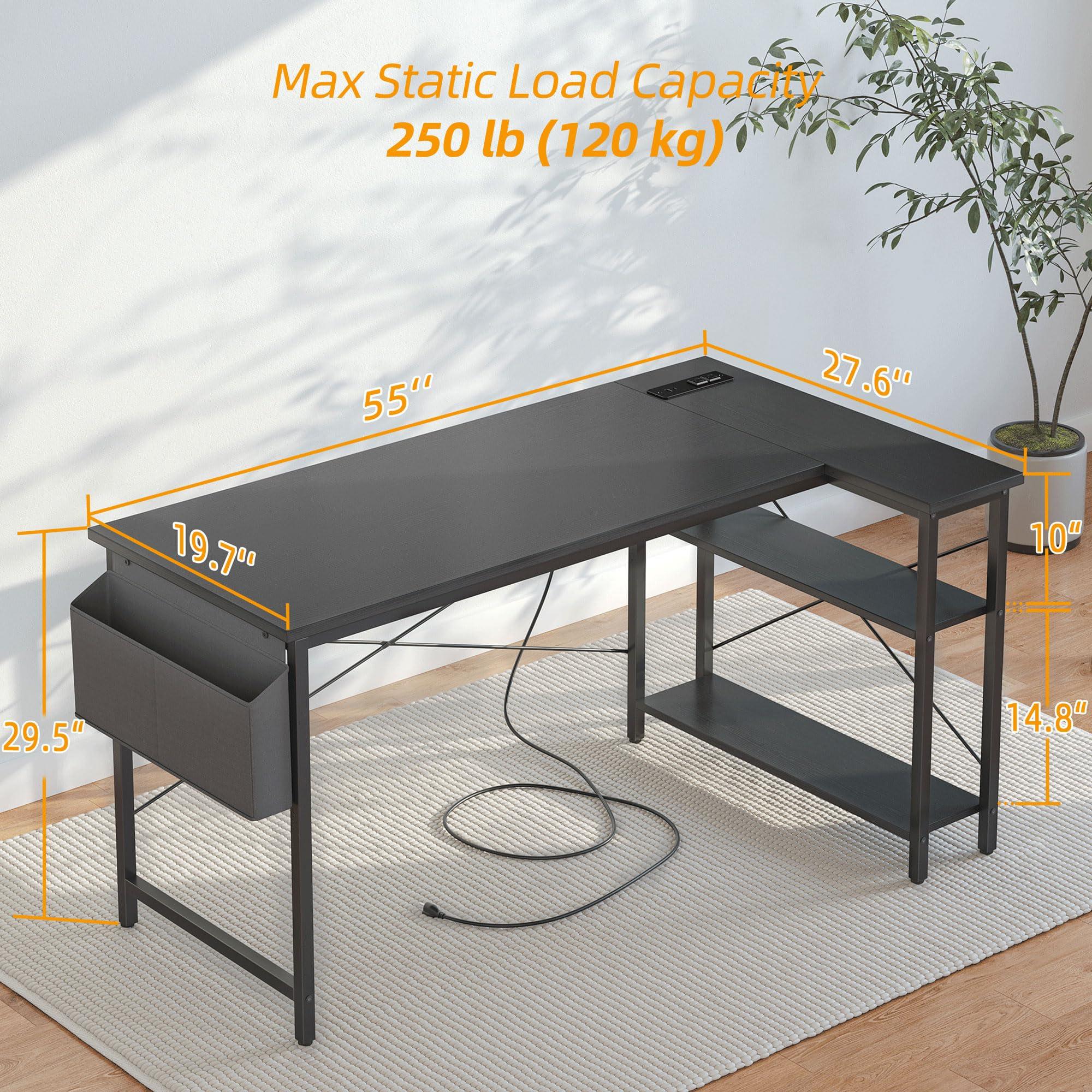 TIQLAB TIQLAB L Shaped Computer Desk with Power Outlets, 55 Inch Small Corner Desk with Reversible Shelves, Gaming Desk Computer Table Study Writing Table for Home Office Bedroom Small Space, Black