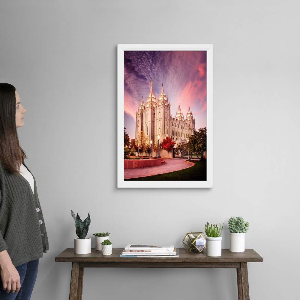 CANVAS ON DEMAND Salt Lake Temple, Pink Sunrise, Salt White Framed Art Print, Utah Artwork