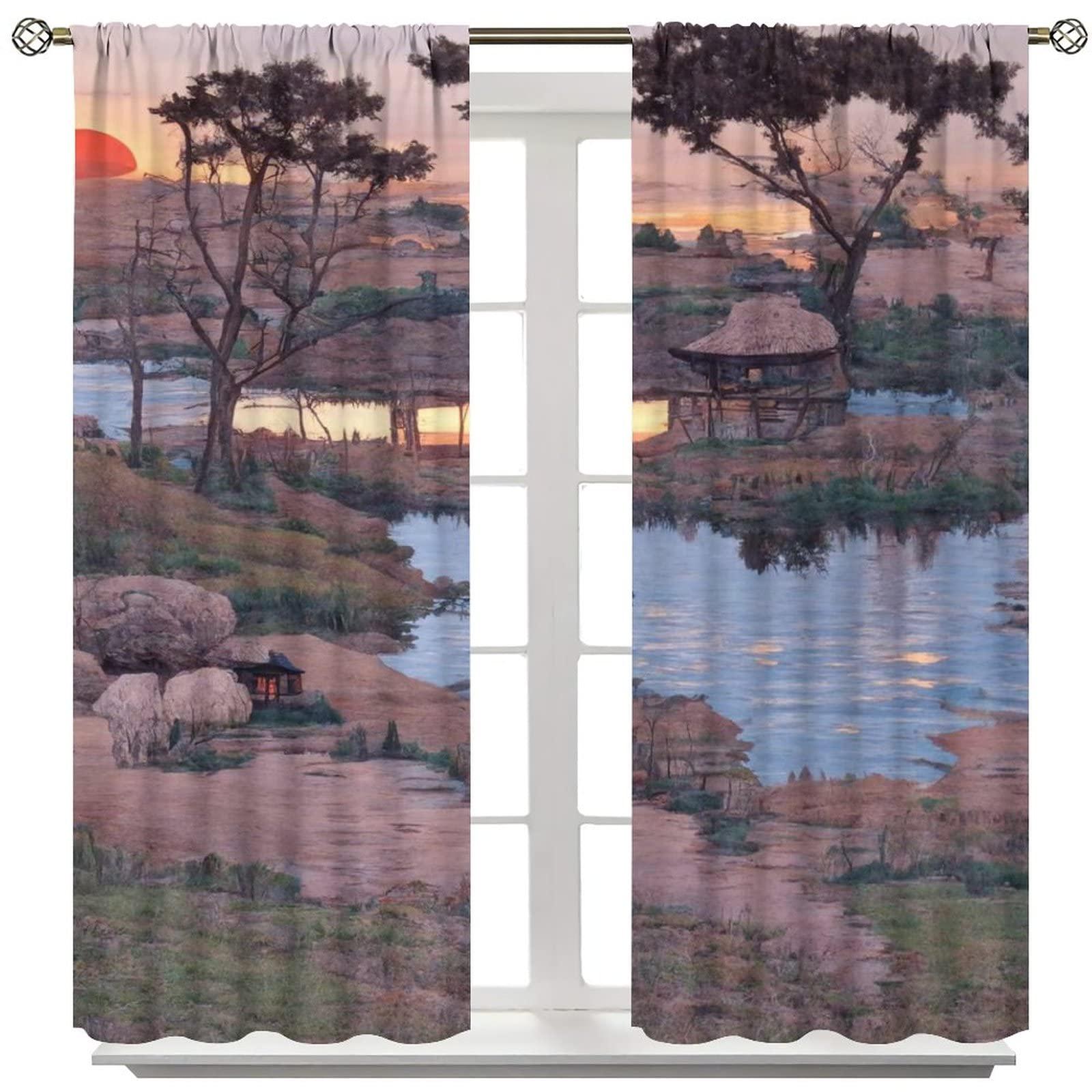 gaoyaqing Asian Landscape Curtain, Traditional Chinese Painting Sunset Landscape Cherry Tree Cloud Mountain, Room Pole Pocket Decoration 2 Panels, Seal Brown 42x63in