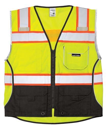 ML Kishigo Kishigo Unisex High Visibility Reflective Premium Black Series Black Bottom Vest 1515, Zipper Closure, Polyester, ANSI 107 Type R/Class 2, Construction, Utility, Waste Management (Lime, L)