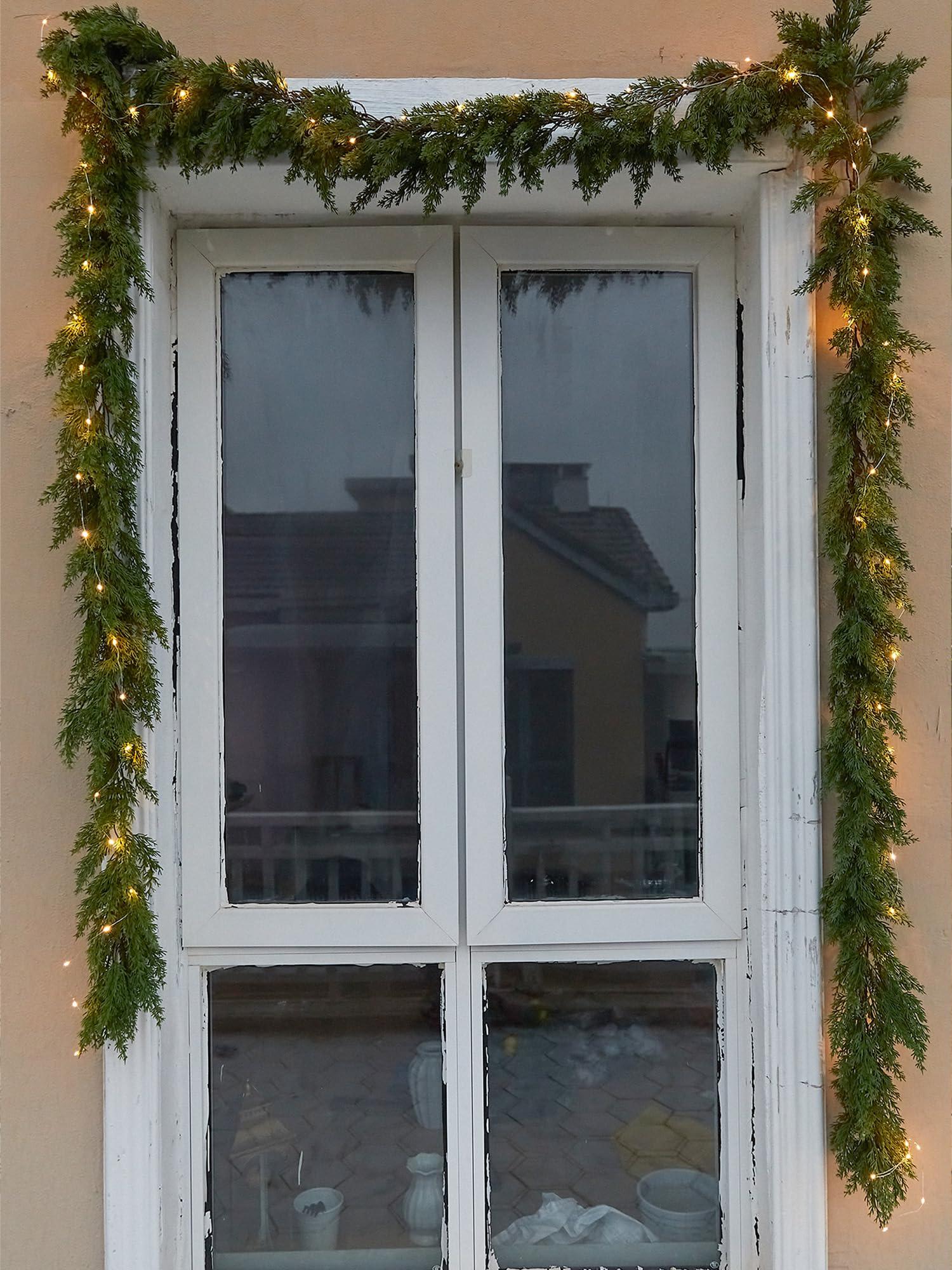 PARTY JOY 6FT PARTY JOY Seasonal Artificial Christmas Garland with Lights Pine Needle Cypress Garland for Holiday Winter Indoor Outdoor Decor