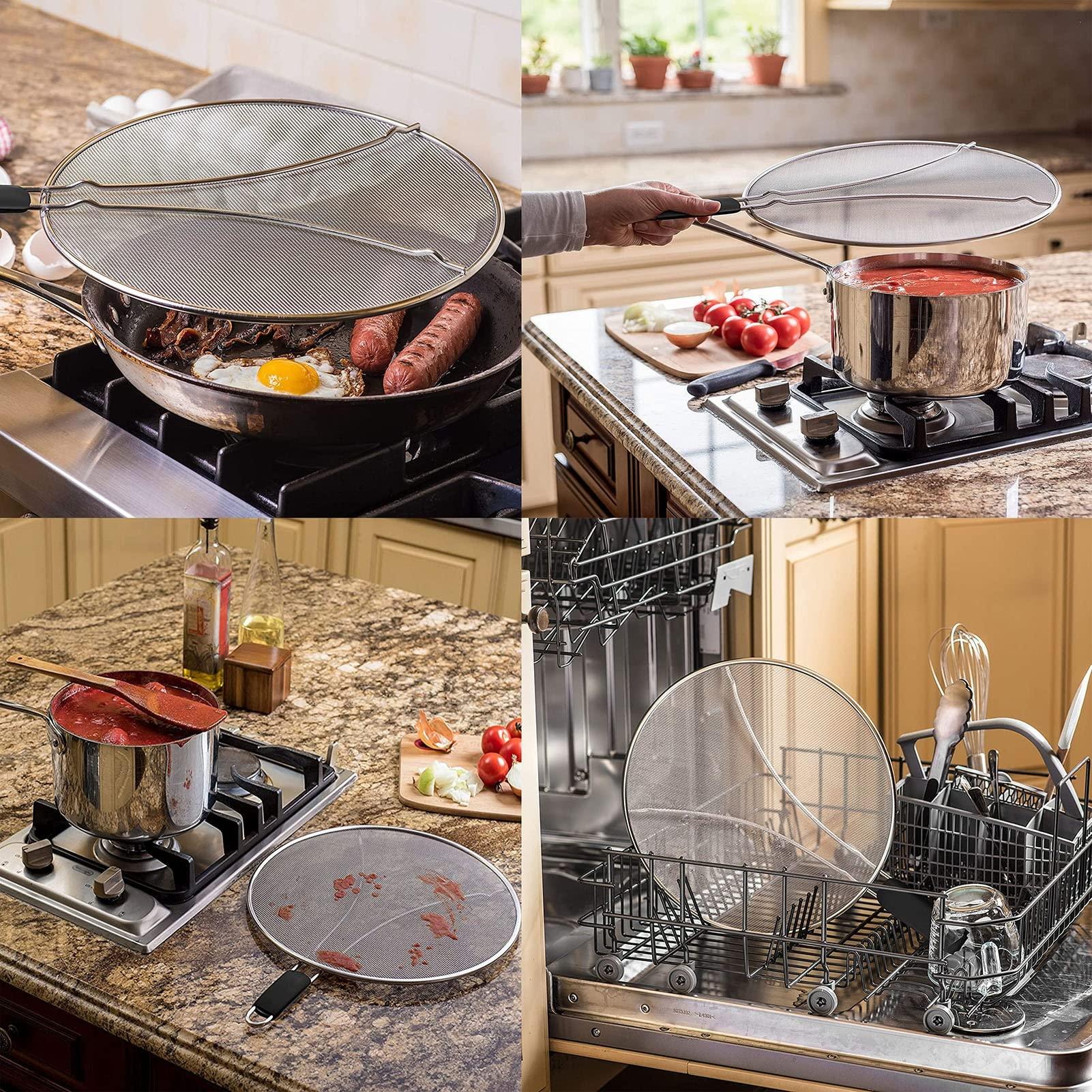 JIAHESHYP 3 Sizes Anti Oil Splatter Guard, Stainless Steel Fry Pan Splatter Screen with Soft Grip Handle, Heavy Duty Grease Splatter Guard,for Grease Oil Guard, Safe Cooking Lid (Size : 25cm/9.8in)