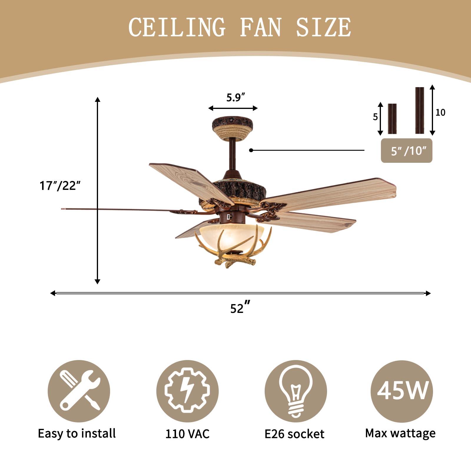 Tropwellhouse Tropwellhouse Indoor Rustic Ceiling Fan with Light and 5 Wood Blades, Modern Antler Ceiling Fan Homer Decoration for Bedroom Living Room Farmhouse Chandelider Fan with Remote of 52Inch (Bronze)